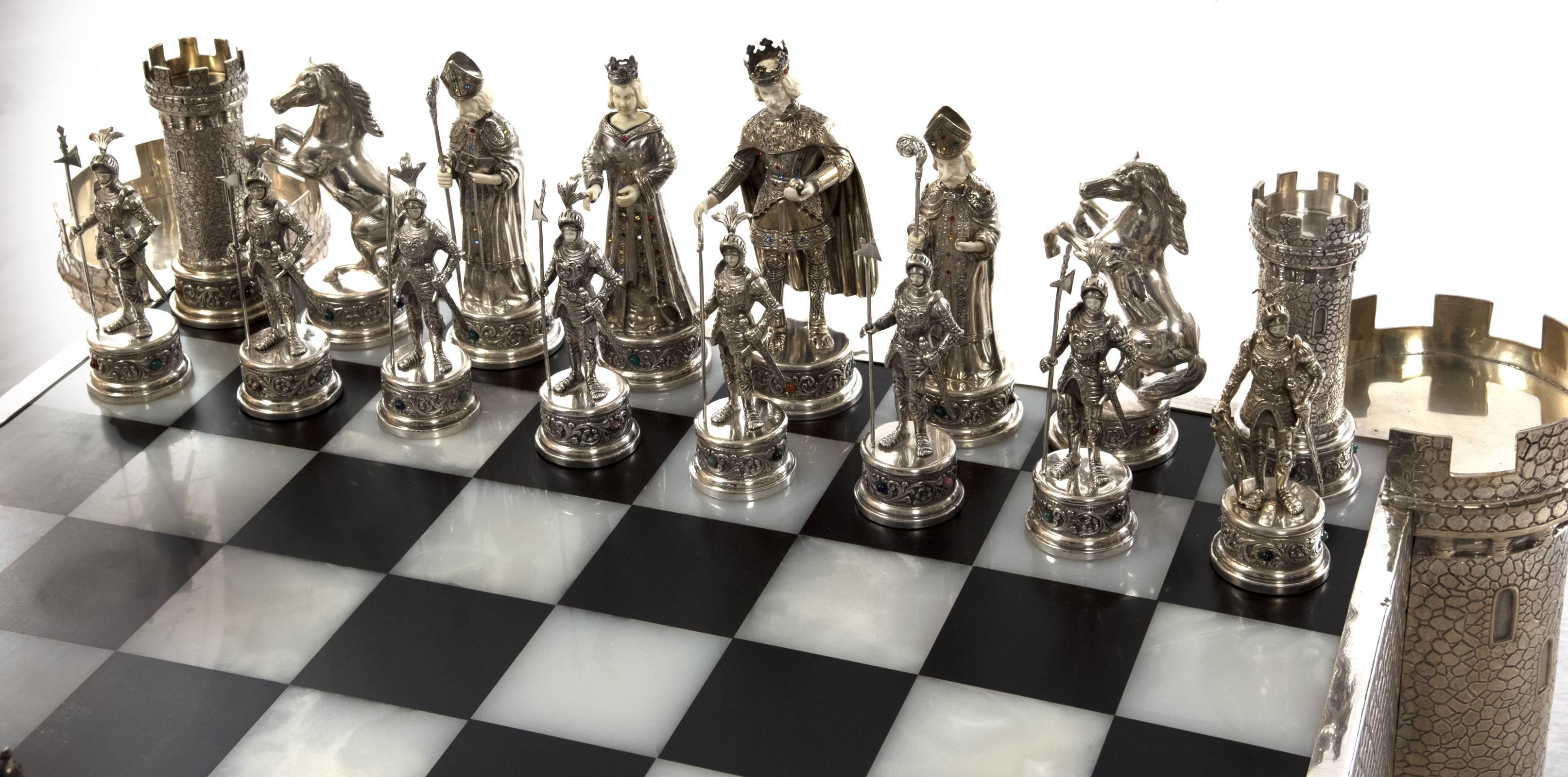 German Jewel Encrusted Silver and Bone Chess Set 3