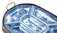 Oval Brass Serving Tray with Inset Blue and White Porcelain Serving Dishes