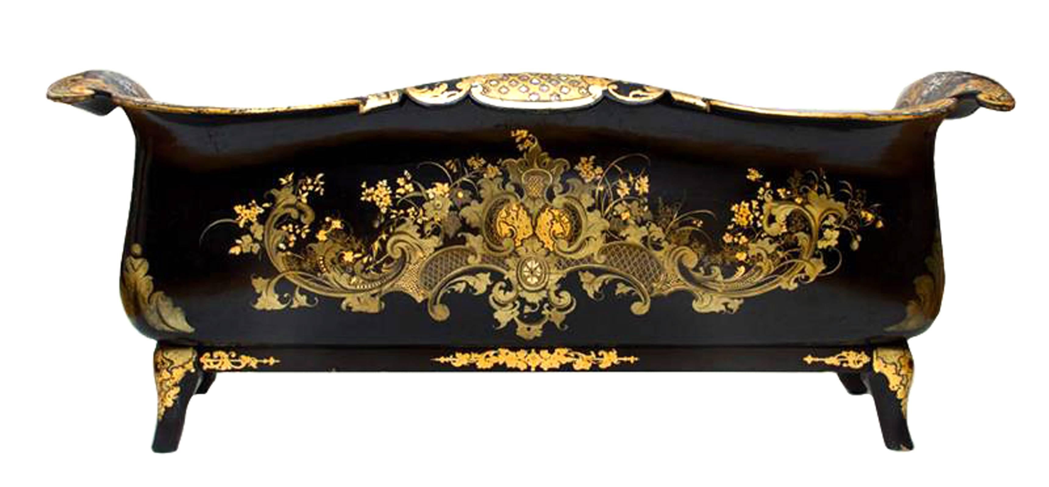 Early Victorian Parcel-Gilt & Mother-of-Pearl Inlaid Papier Mâché Settee by Jennens & Bettridge