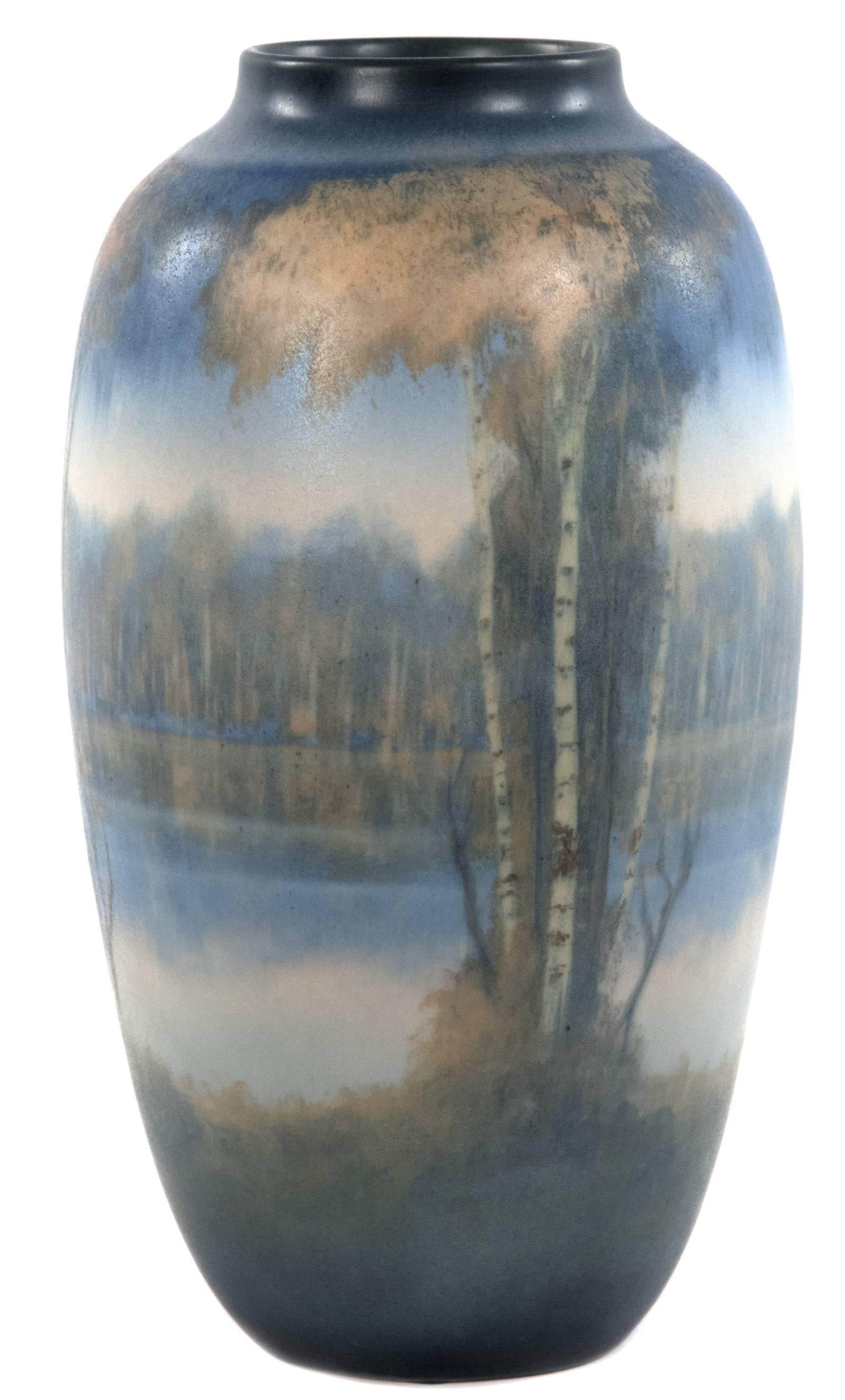 Art Deco Rookwood Vellum Glazed River Scene Vase by Edward Timothy Hurley