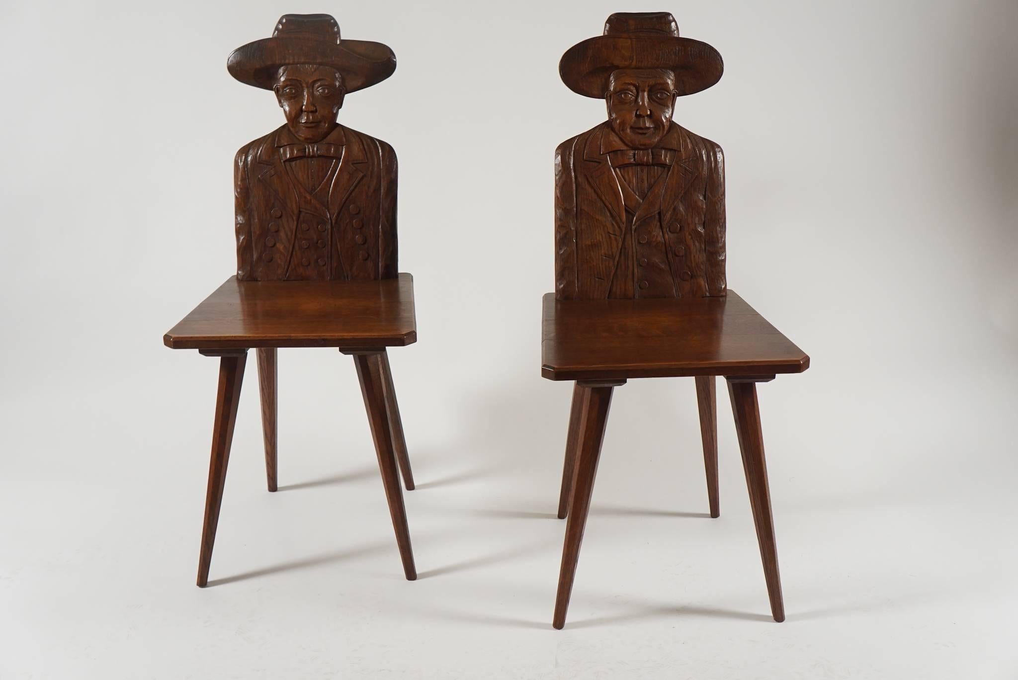 Chestnut Exceptional Pair of Early French Modernist 'Cowboy' Hall Seats, circa 1920