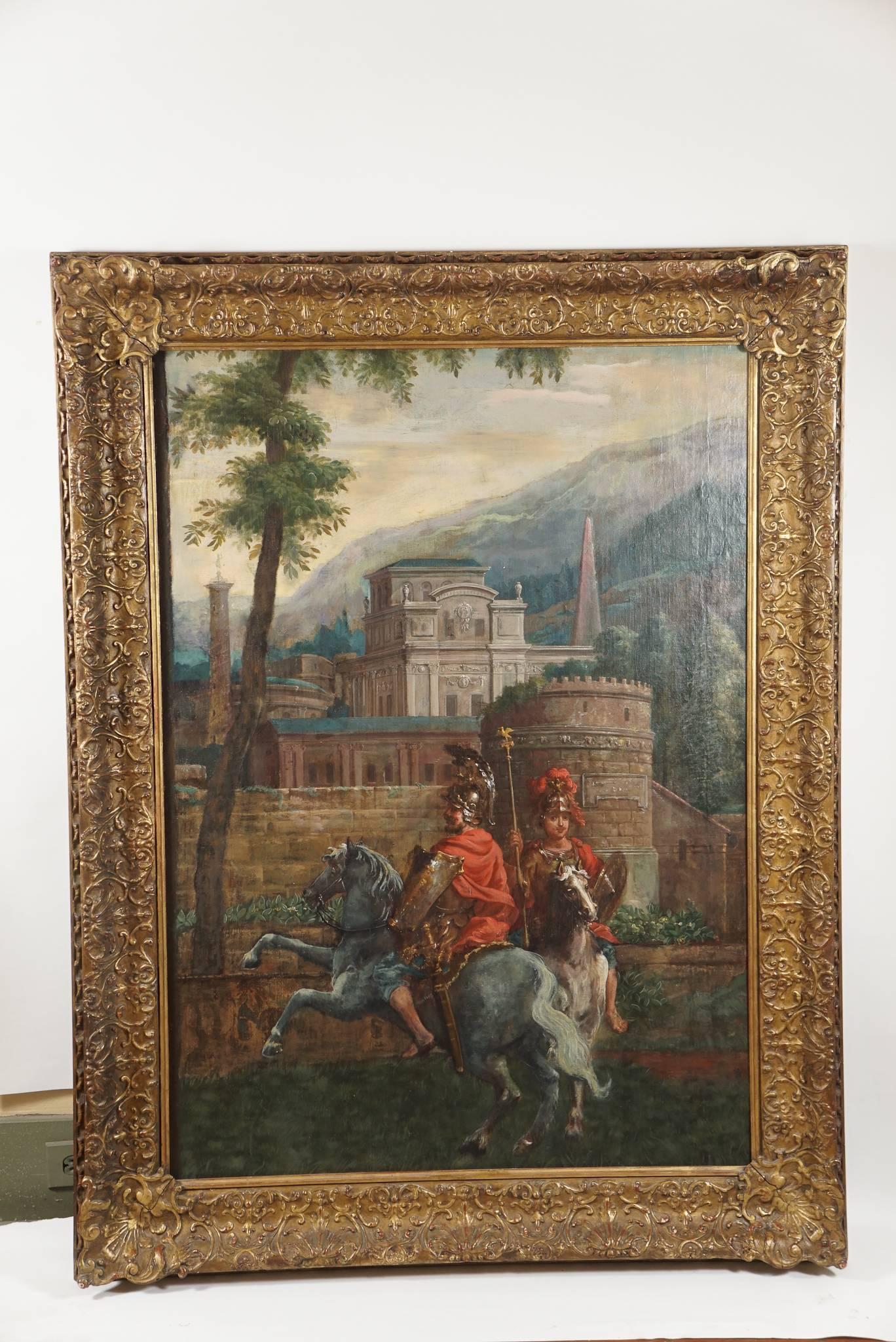 18th-century French school of Hubert Robert oil on canvas painting of large size depicting Roman soldiers on horseback in a neoclassical architectural setting, or 'capriccio', with fortress walls and crenellated tower, baroque style buildings,