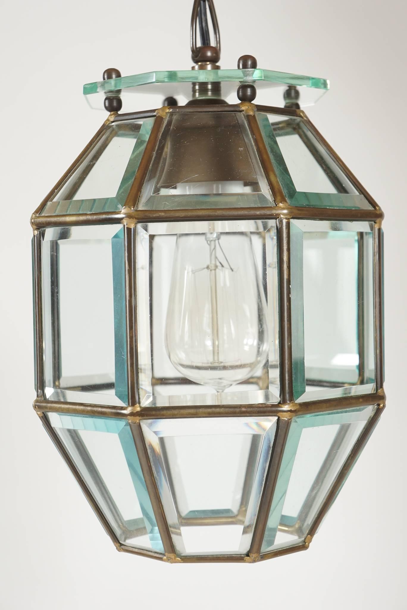 Vienna Secessionist (Sezession, Secessionsstil, or Jugendstil) period and style leaded and beveled glass pendant fixture attributed to Austro-Czech architect and designer Adolf Loos (1870 - 1933) of octagonal form having 24 beveled glass panels in