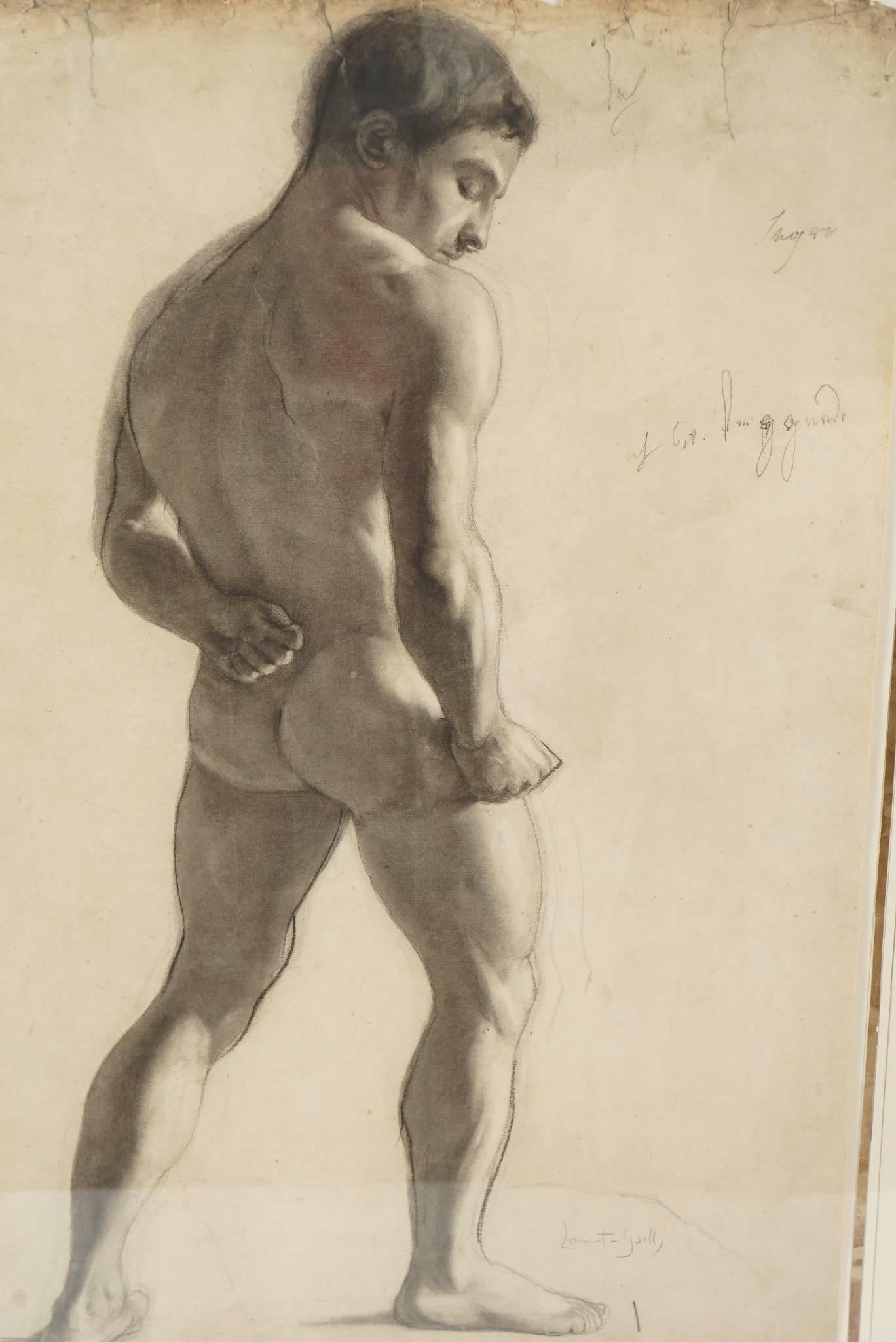 An exceptional Academic charcoal on paper drawing by noted French artist Lucien Laurent-Gsell of a muscular nude male with back-turned, signed 'Laurent-Gsell' lower right, presented French-matted in a neoclassical water-gilt wood frame. 