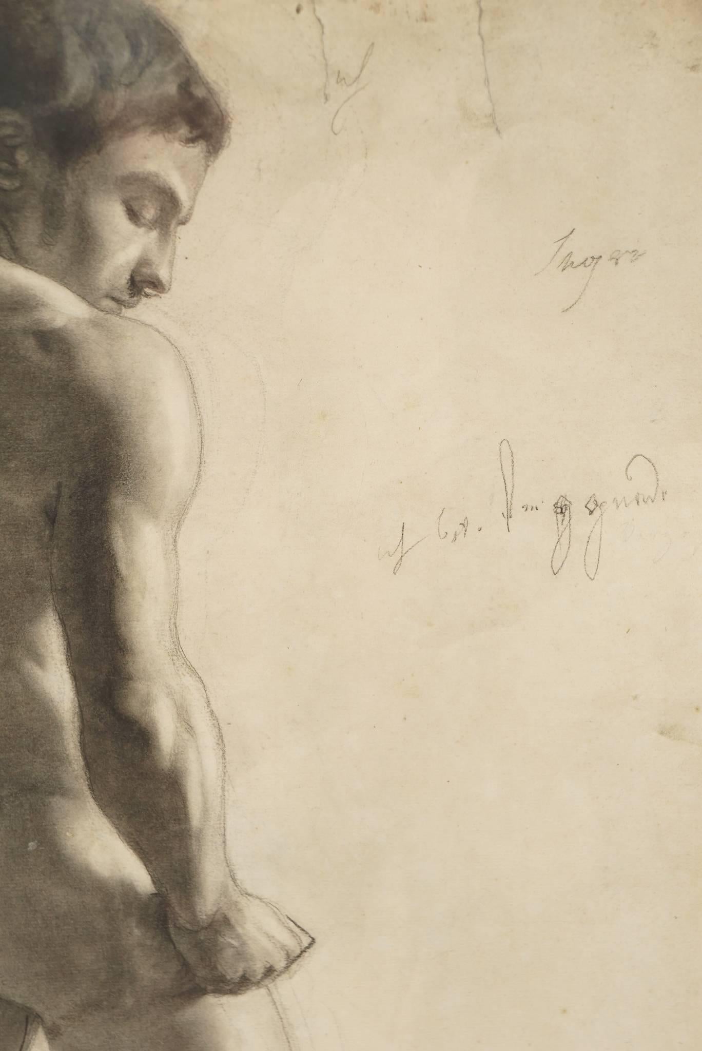 Français Grand dessin au fusain sur papier d'un nu masculin par Lucien Laurent-Gsell en vente