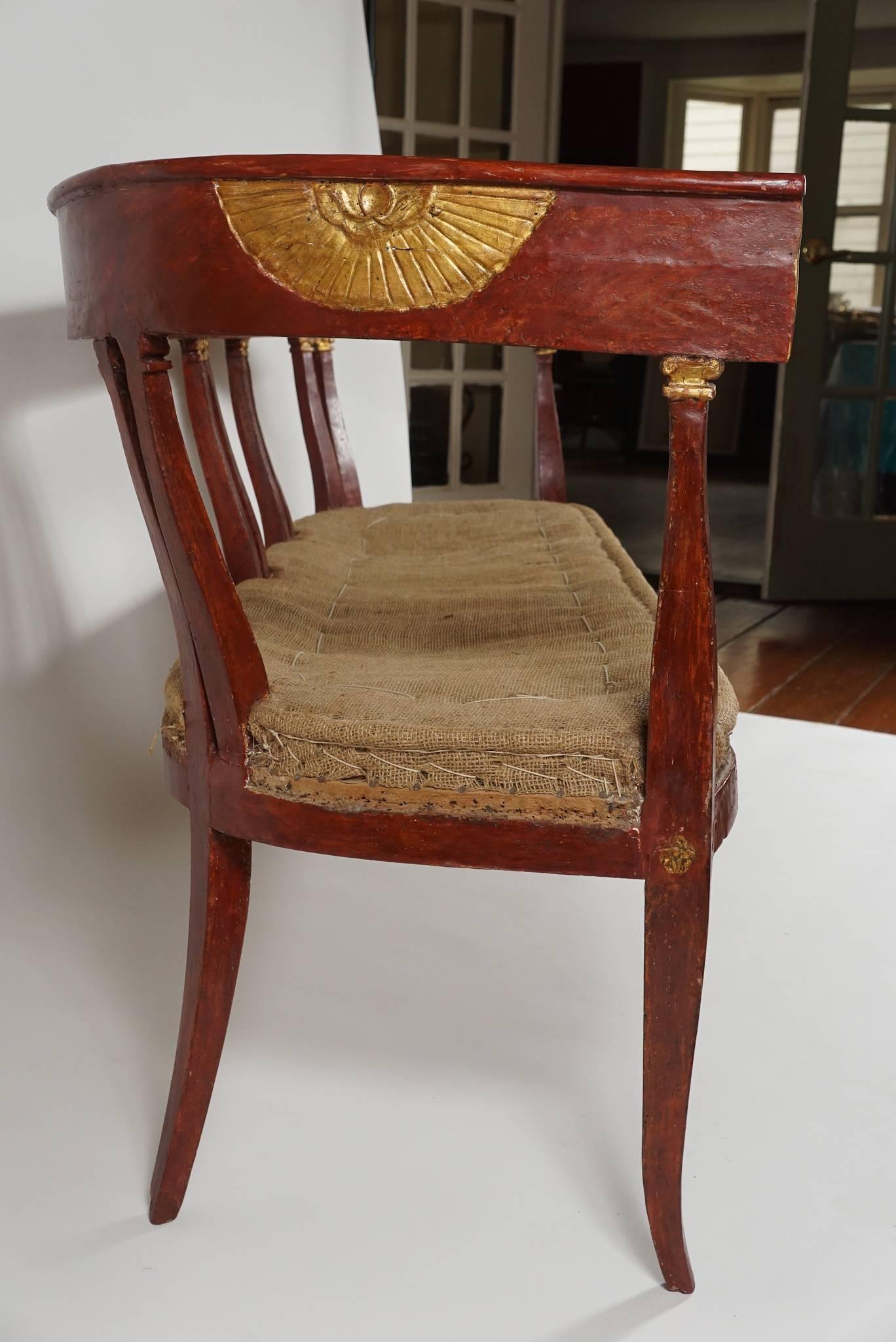 Hand-Carved Egyptian Empire Style Parcel Gilt and Painted Settee, Italy, circa 1805