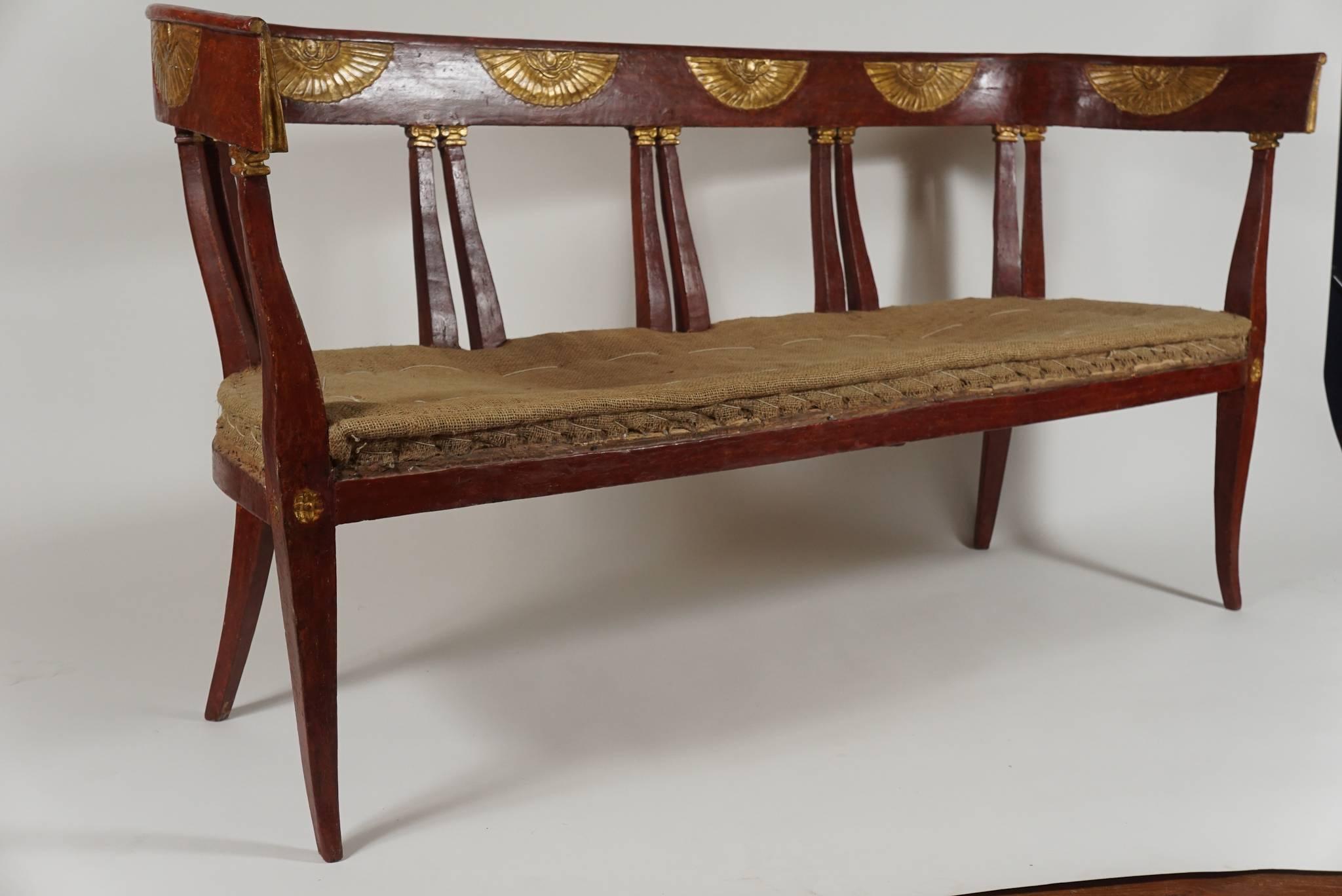 Italian Egyptian Empire Style Parcel Gilt and Painted Settee, Italy, circa 1805