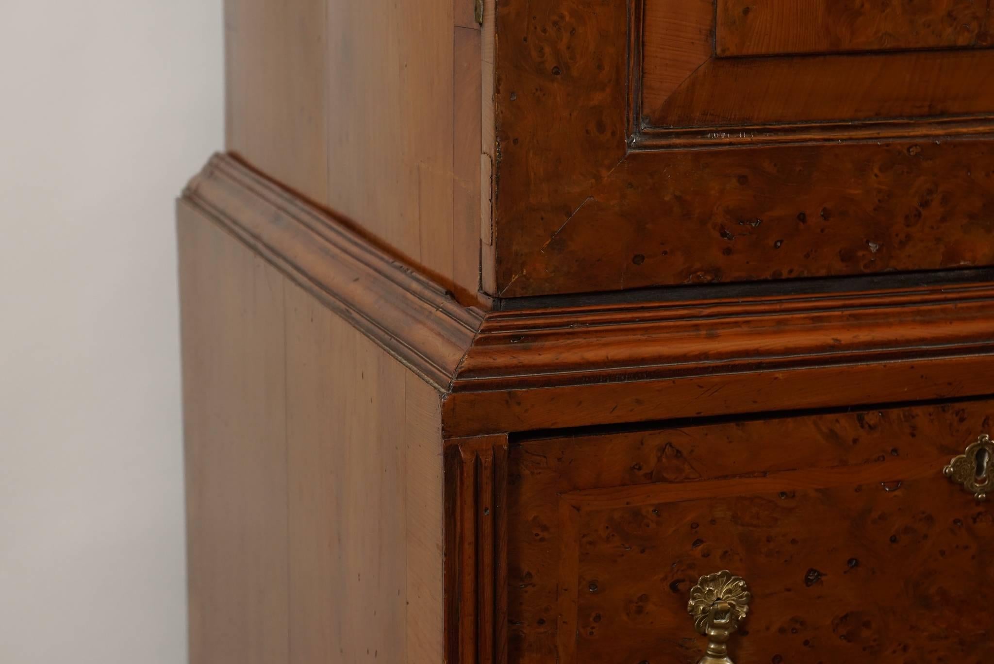 English William & Mary Style Burled Yew Linen Press Cabinet