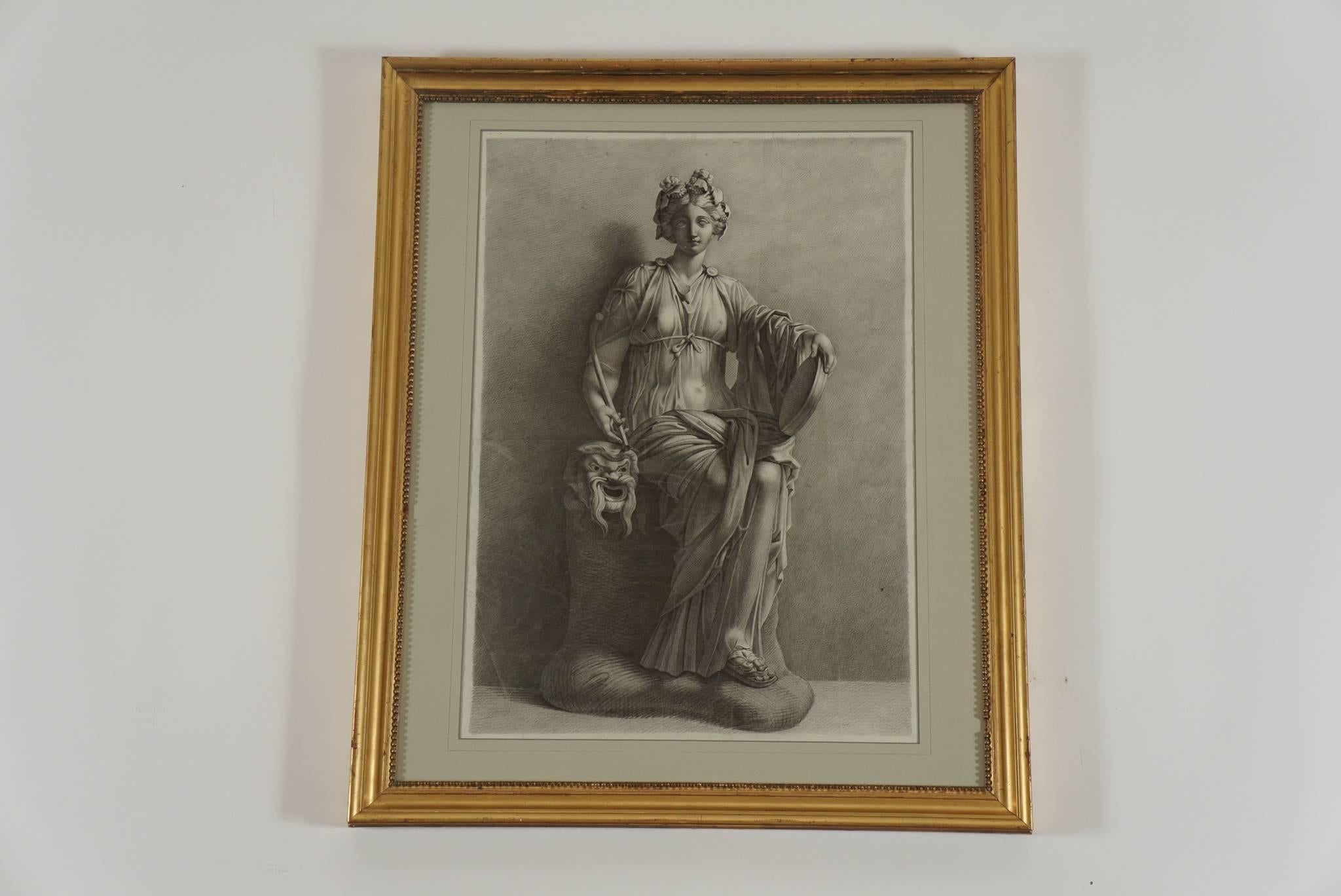 An exceptional early 19th-century charcoal on paper drawing of Thalia, the ancient Greek Muse who presided over comedy and idyllic poetry, and the daughter of Zeus and Mnemosyne; the eighth-born of the nine Muses.  Presented French matted in an