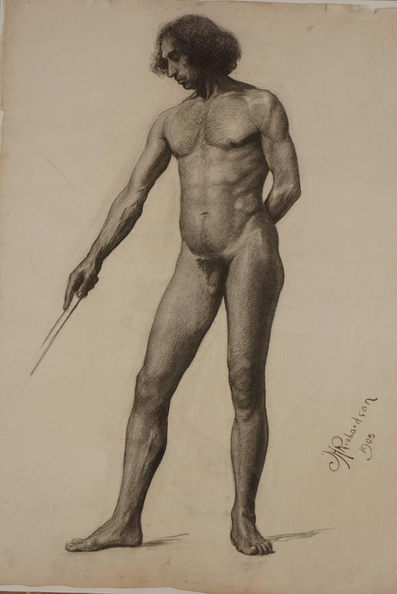 A remarkable large academic charcoal on paper drawing of a standing male nude signed and dated at lower right, JH Richardson, 1905, presented French matted in a circa 1940 Italian Baroque style painted and parcel gilt Heydenryk frame having painted