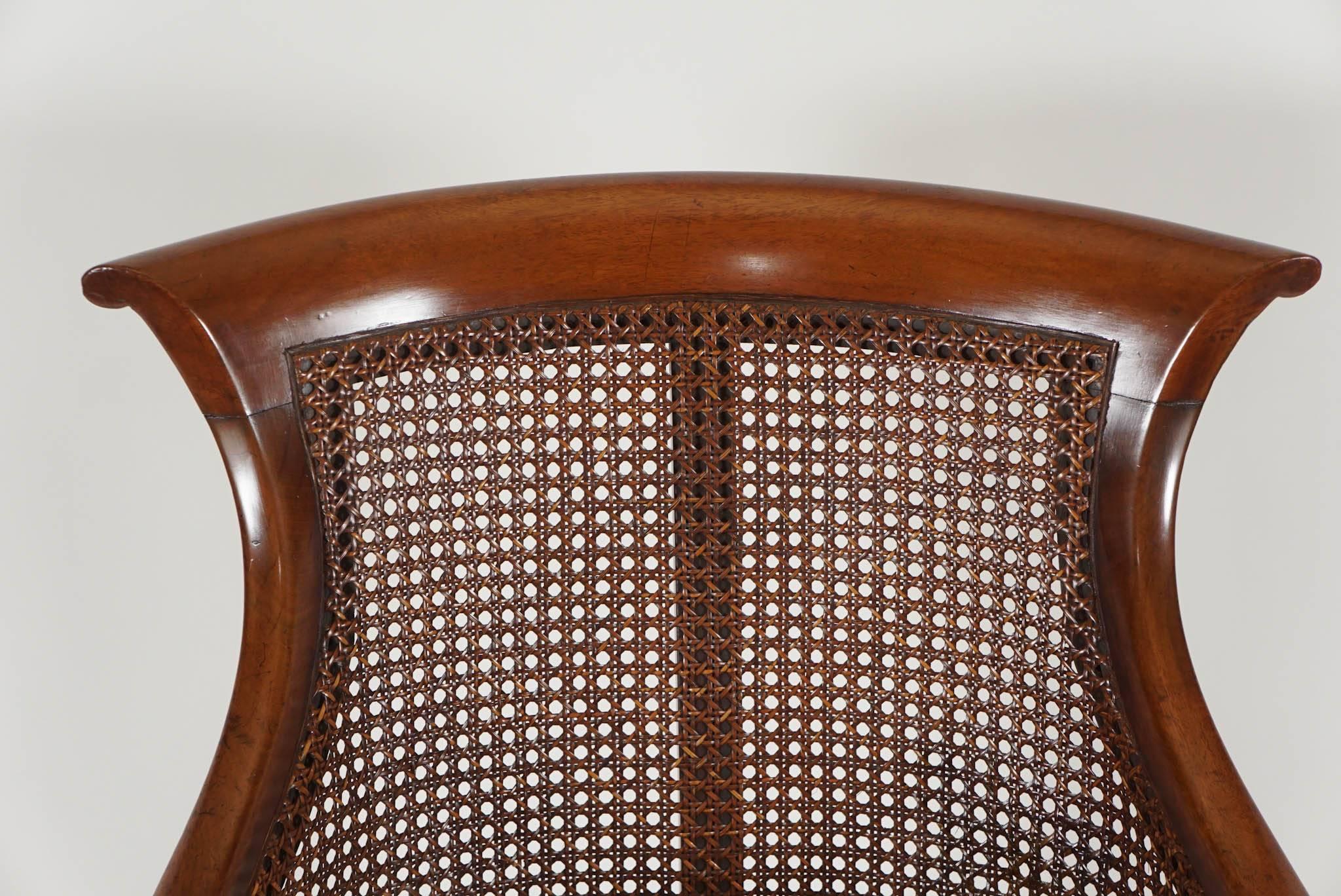 Brass English Regency Period Caned Mahogany Armchair or Bergere, circa 1830