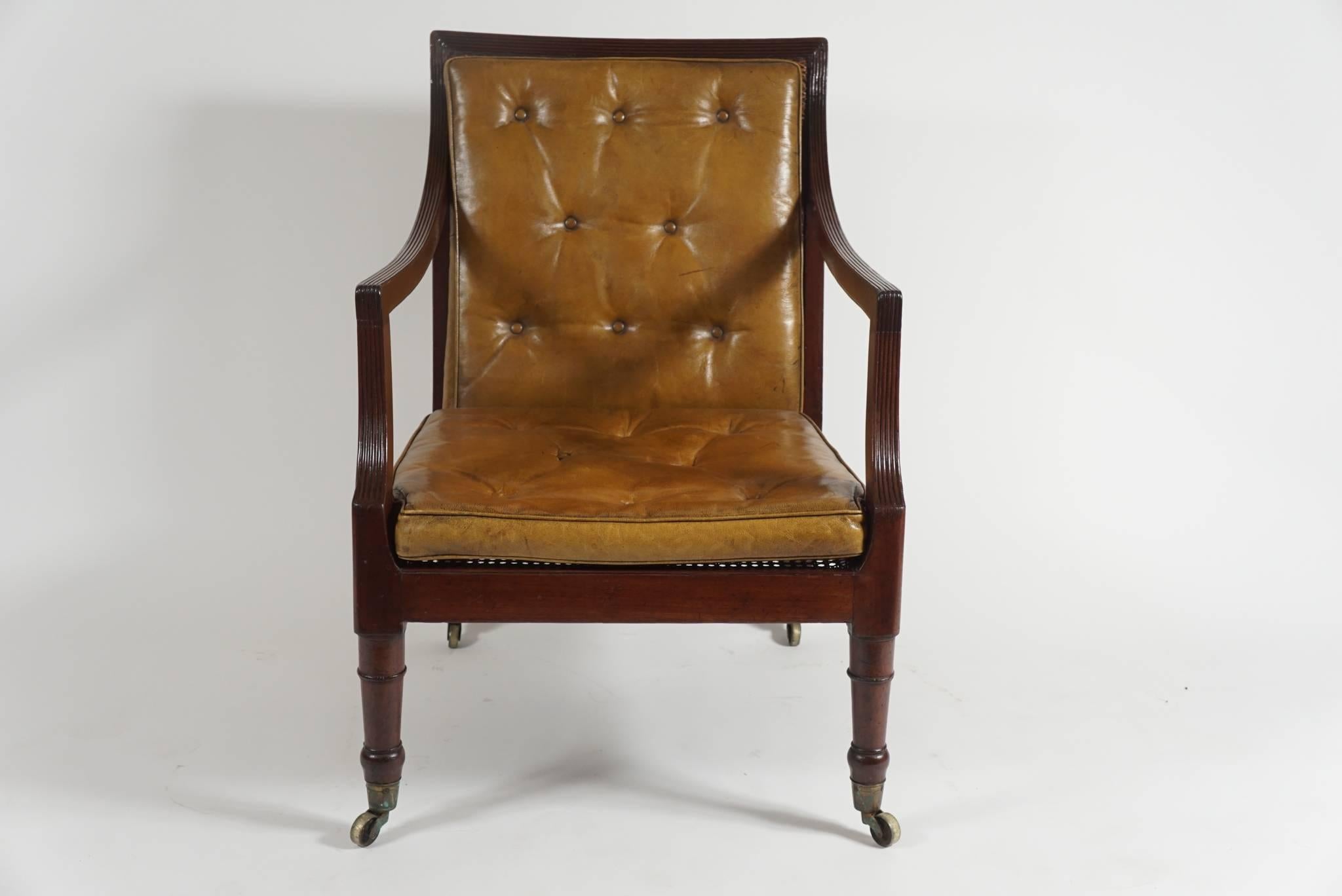 English George III Mahogany & Cane Arm or Library Chair, England, c. 1800