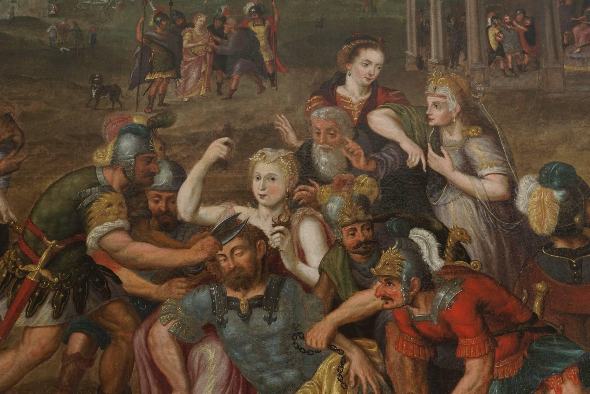 Flemish, circa 1600, old master oil on canvas of large-scale by a follower of Frans Floris the Elder (1517-1570) depicting the Biblical story of Samson and Delilah with soldiers, courtiers, royalty, and other figures in landscape and architectural