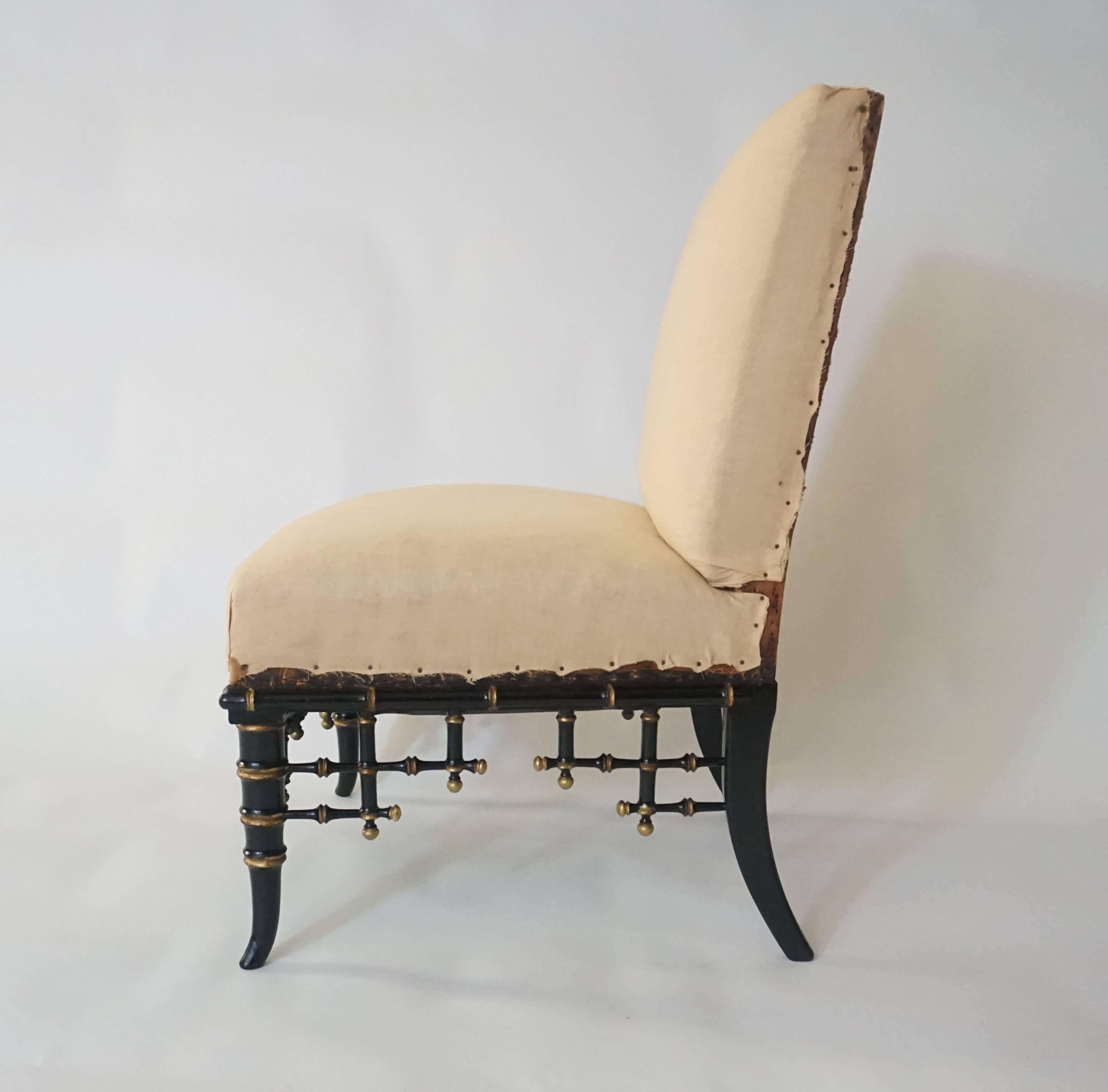 Napoleon III French Ebonized and Parcel-Gilt Faux Bamboo Slipper Chair