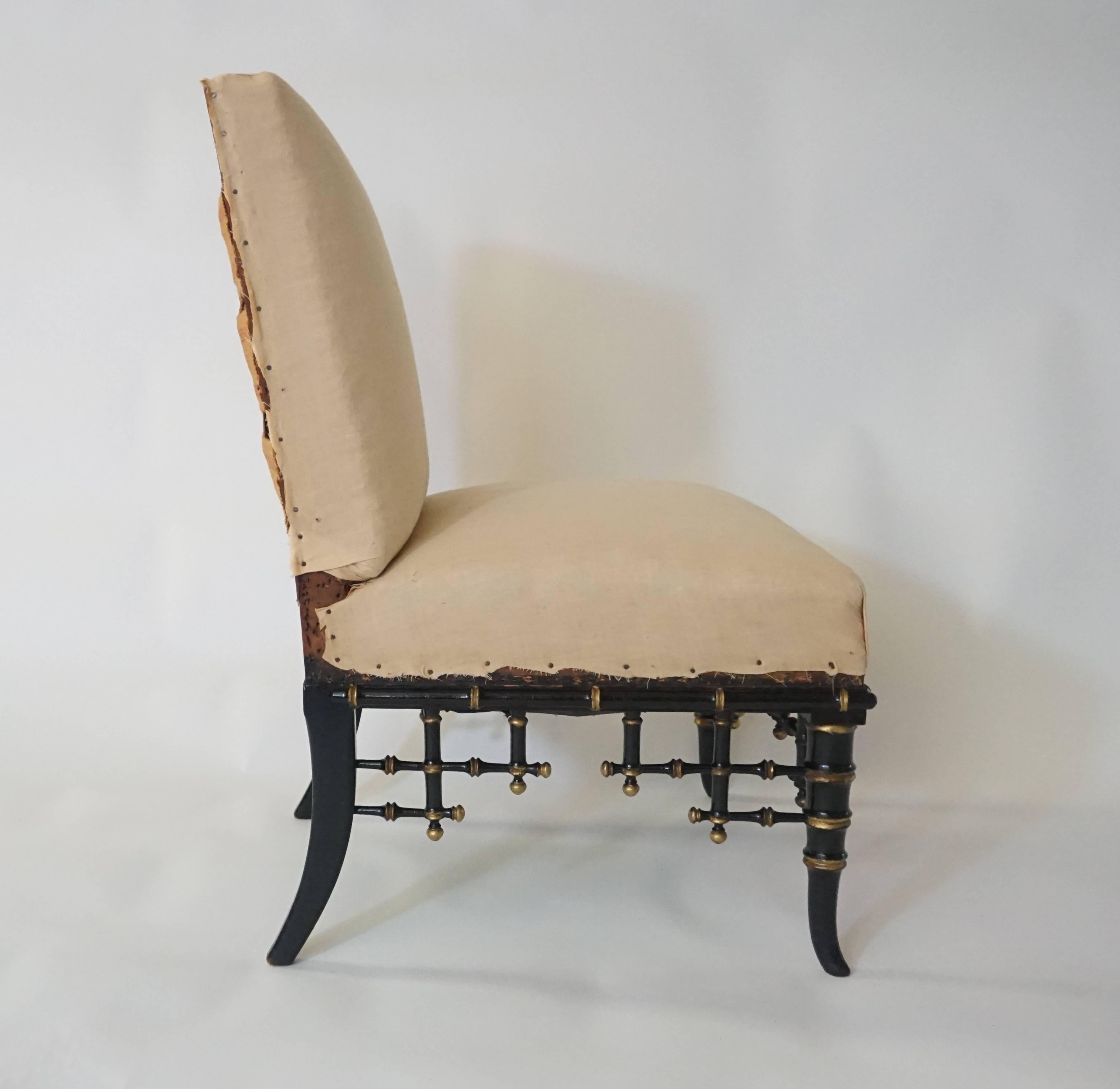 Hand-Carved French Ebonized and Parcel-Gilt Faux Bamboo Slipper Chair