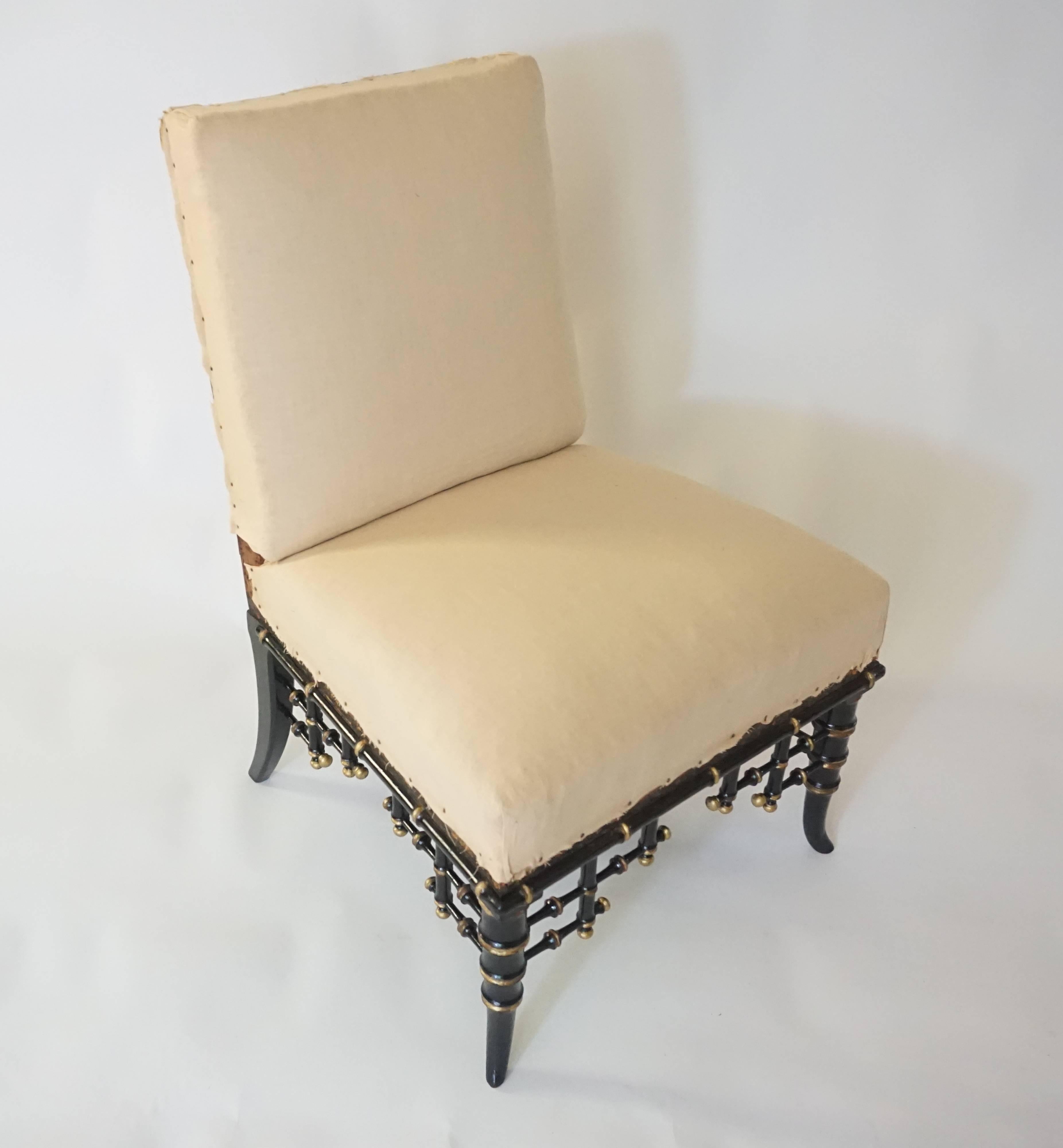 French Ebonized and Parcel-Gilt Faux Bamboo Slipper Chair 1