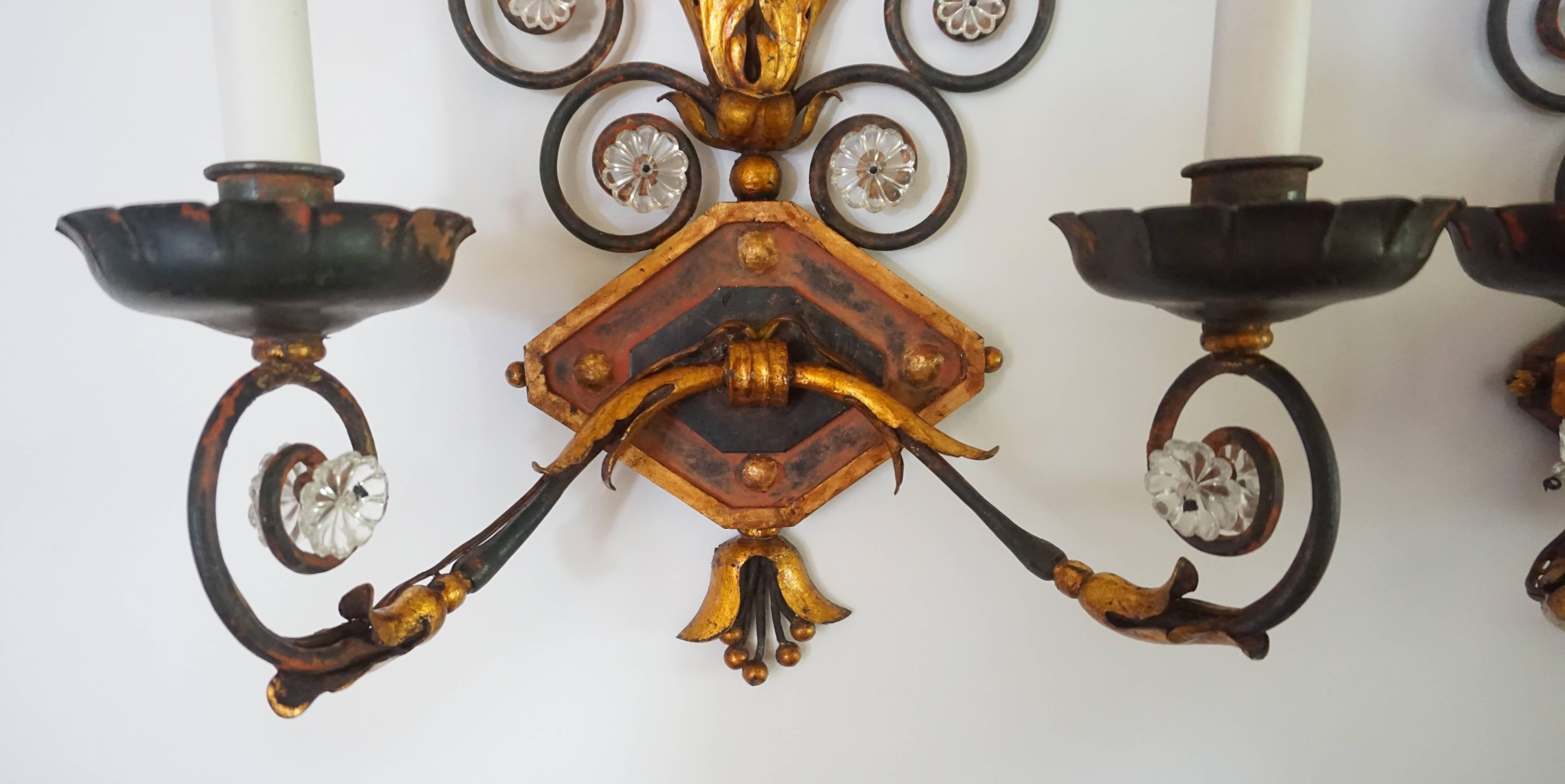 French Baguès Style Crystal and Wrought Iron Wall Sconces, circa 1925