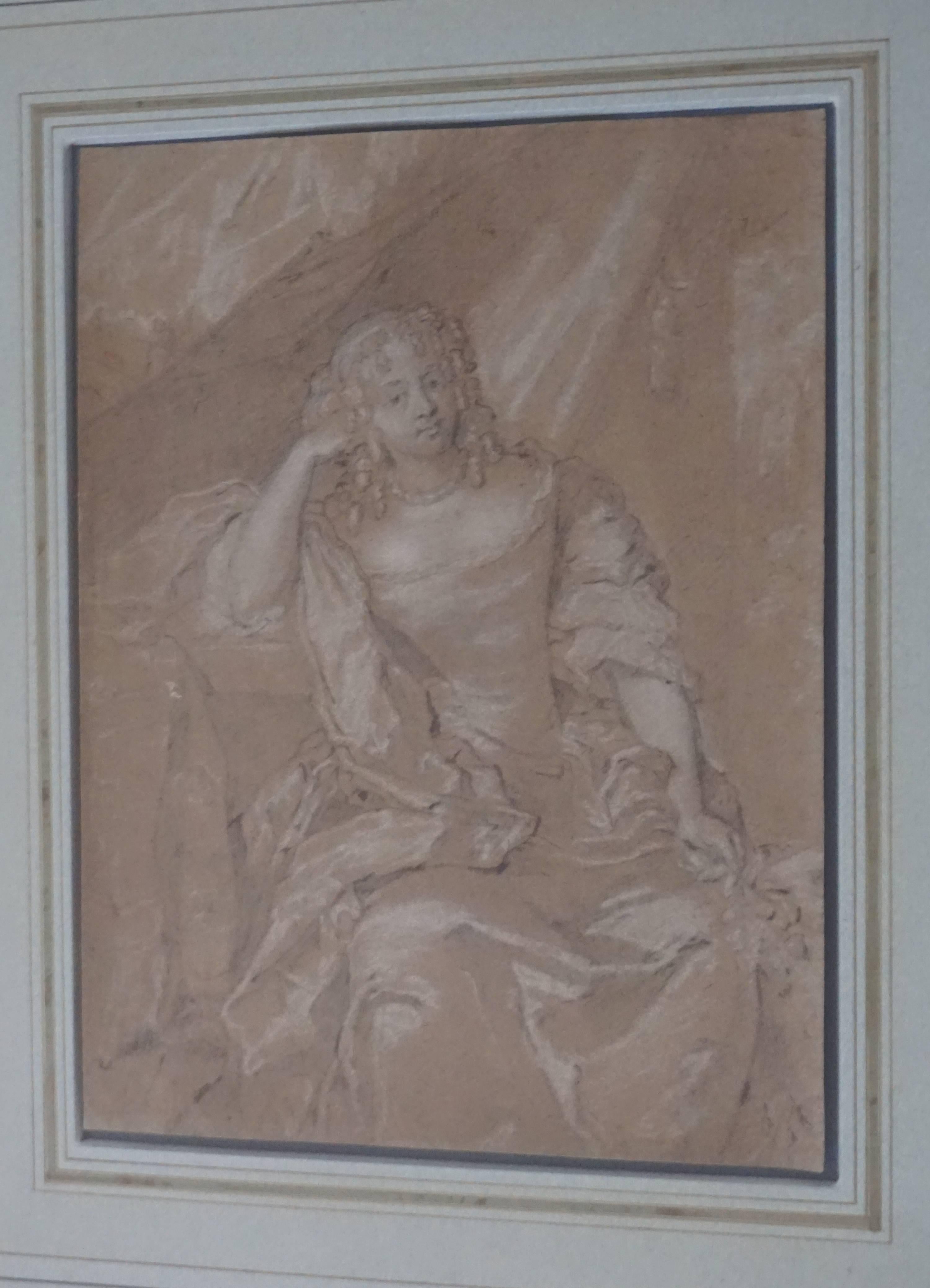 Old master charcoal and chalk portrait drawing on card, English, school of Sir Peter Lely (1618 - 1680) depicting a lady of means in the 'Penitent Magdelene' posture housed in an antique giltwood cavetto and bead frame with compound French matting.