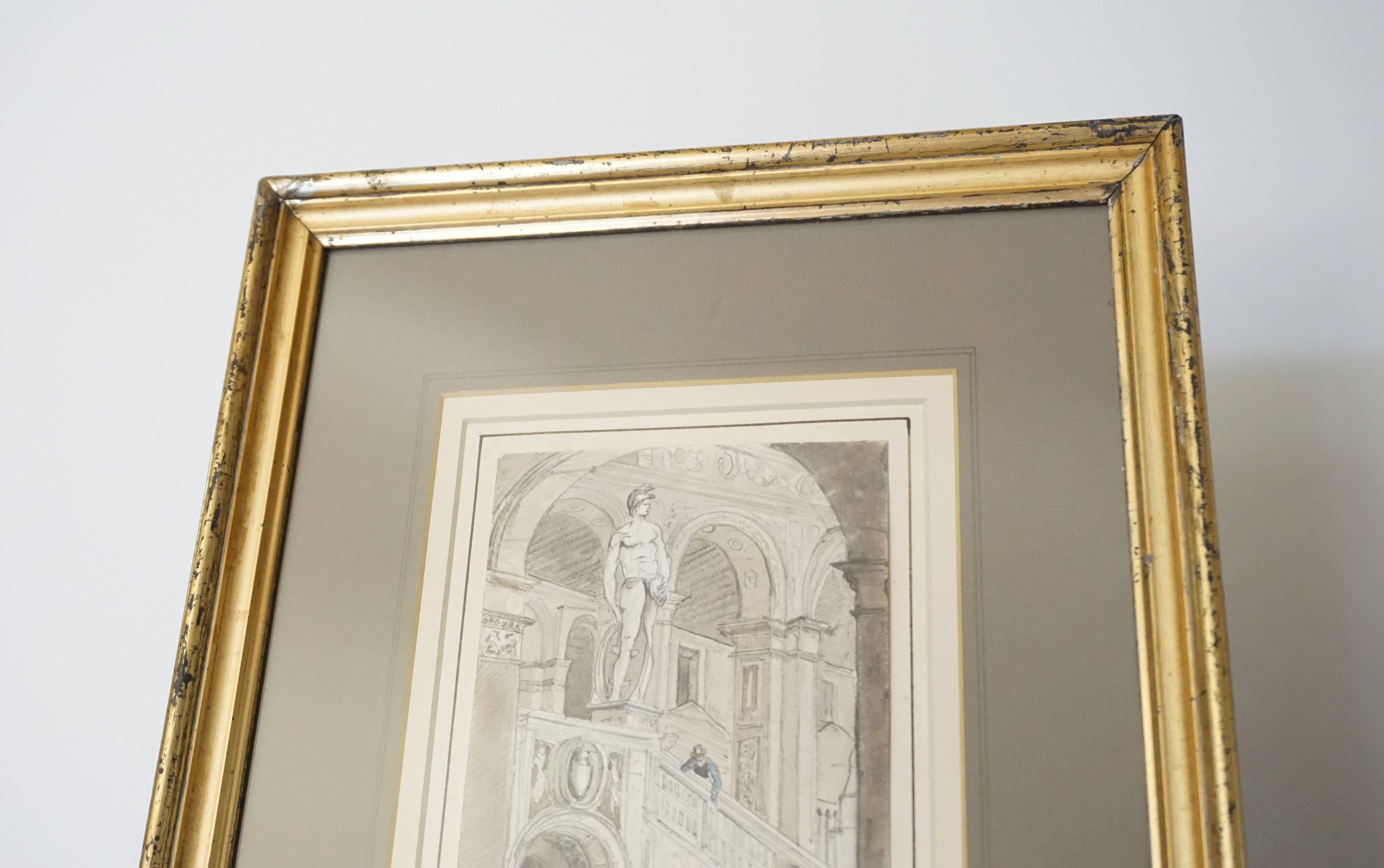 European Grand Tour Charcoal and Watercolor Architectural Drawing, circa 1800 For Sale