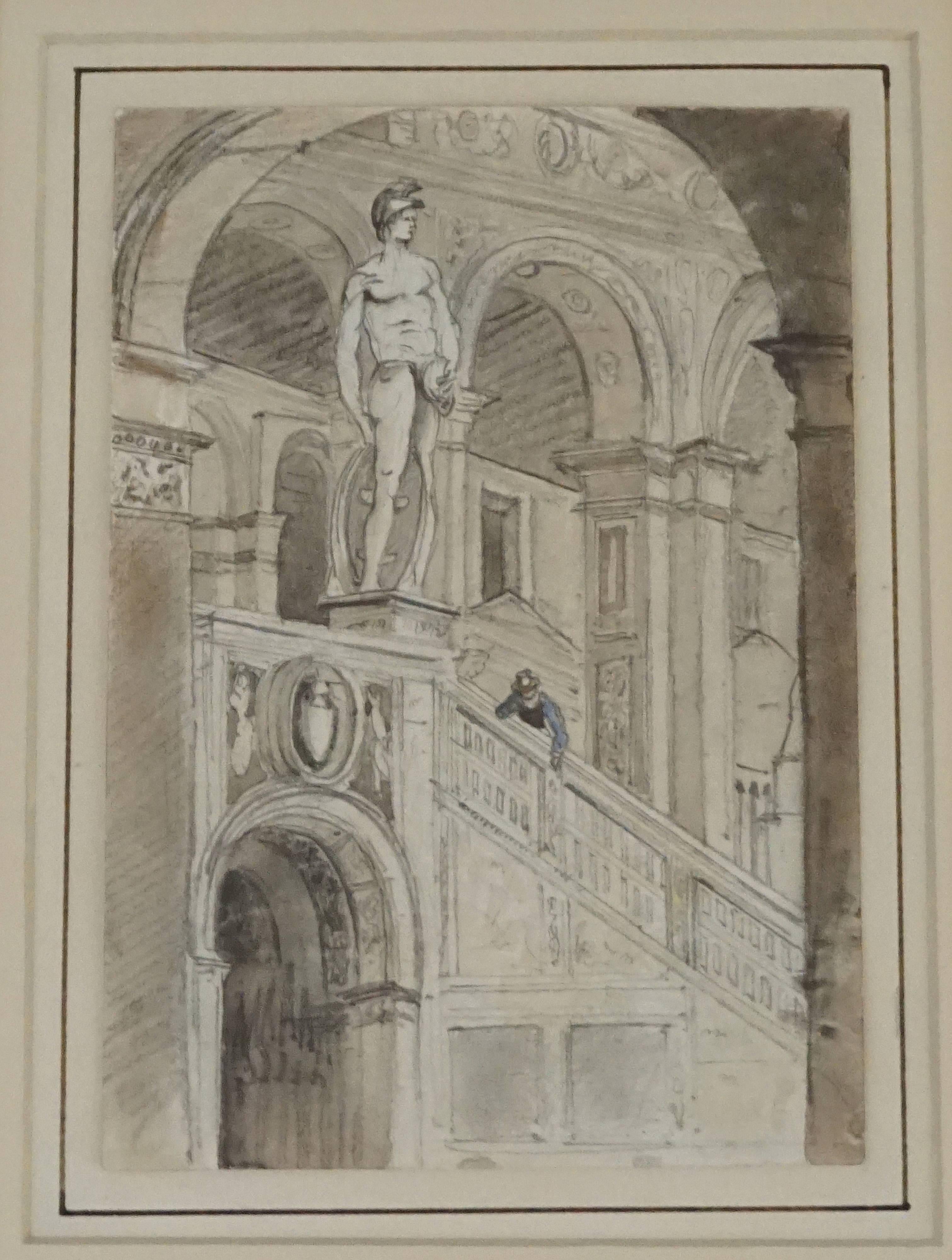 Grand Tour charcoal and watercolor drawing executed by an English tourist in Italy, circa 1800, depicting a gentleman peering over a staircase balustrade in a Baroque interior surrounded by arches and statuary; conservation double French matted in a
