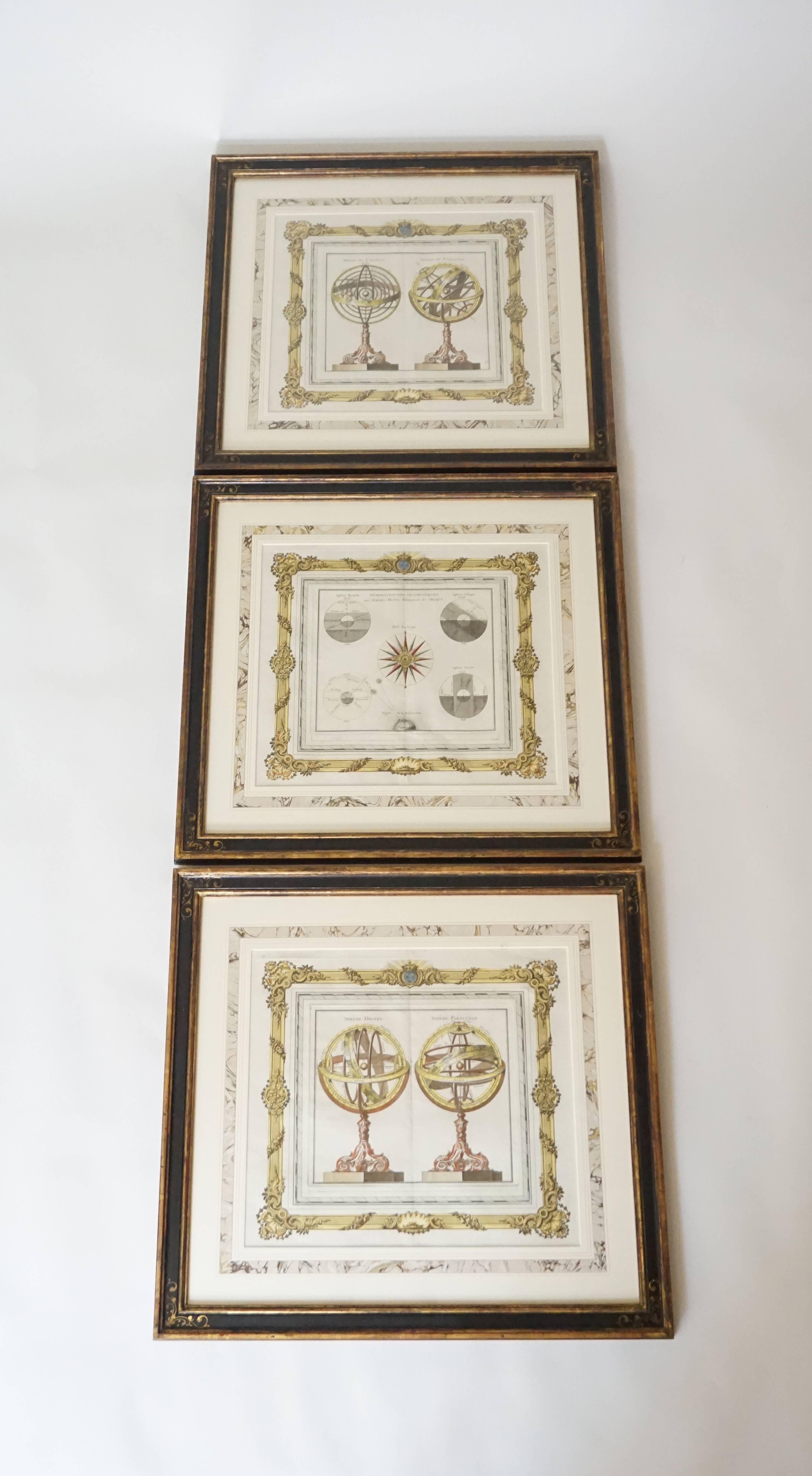 Collection of three hand-colored astronomical map engravings illustrating celestial spheres in ornate rococo borders by Louis Brion de la Tour (1743-1803) and Louis Charles Desnos (circa 1725-1805); Published by Louis Charles Desnos; Paris, 1766;
