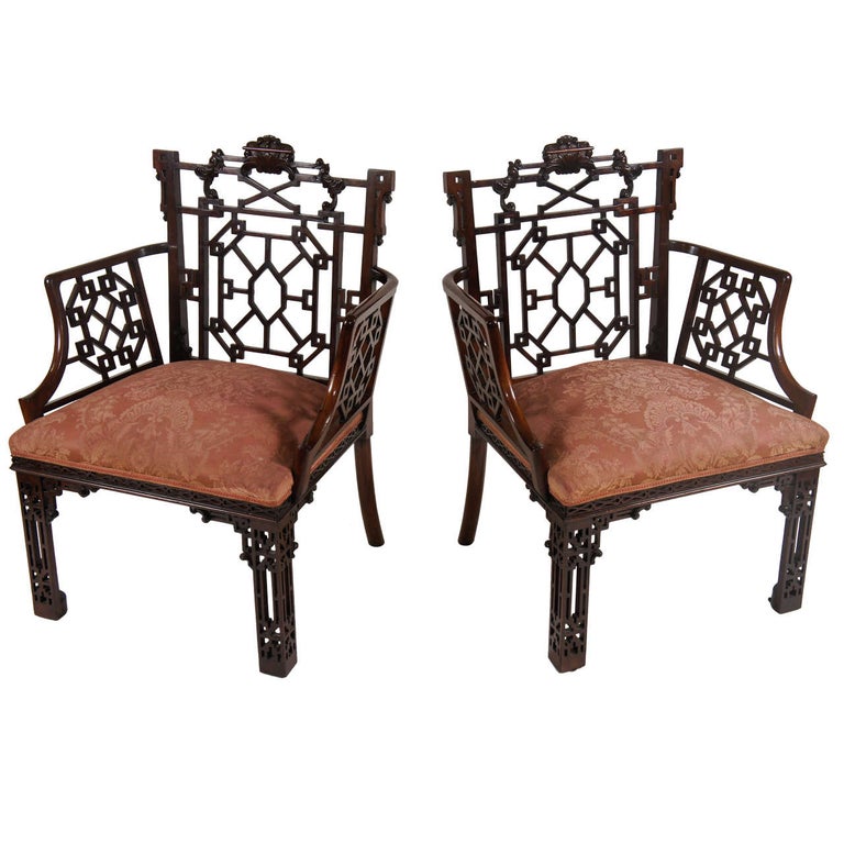Chinese Chippendale Armchairs, ca. 1900, offered by Acroterion