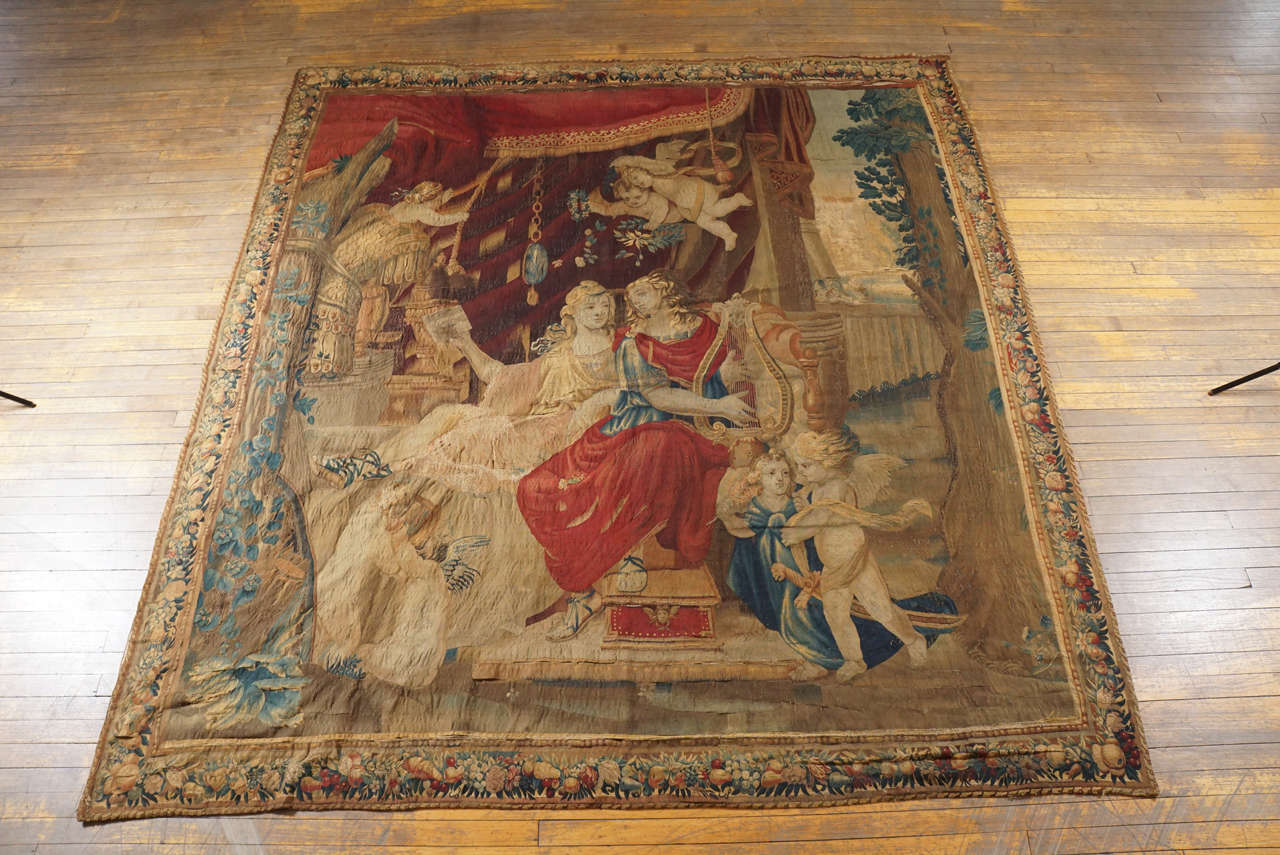 Large circa 1710 French Beauvais tapestry depicting Orpheus playing harp to Eurydice attended by putti with floral, foliate and fruit garland border.

Additional search terms:  Aubusson, Gobelins, Camondo, country house, chateau, baroque, rococo,