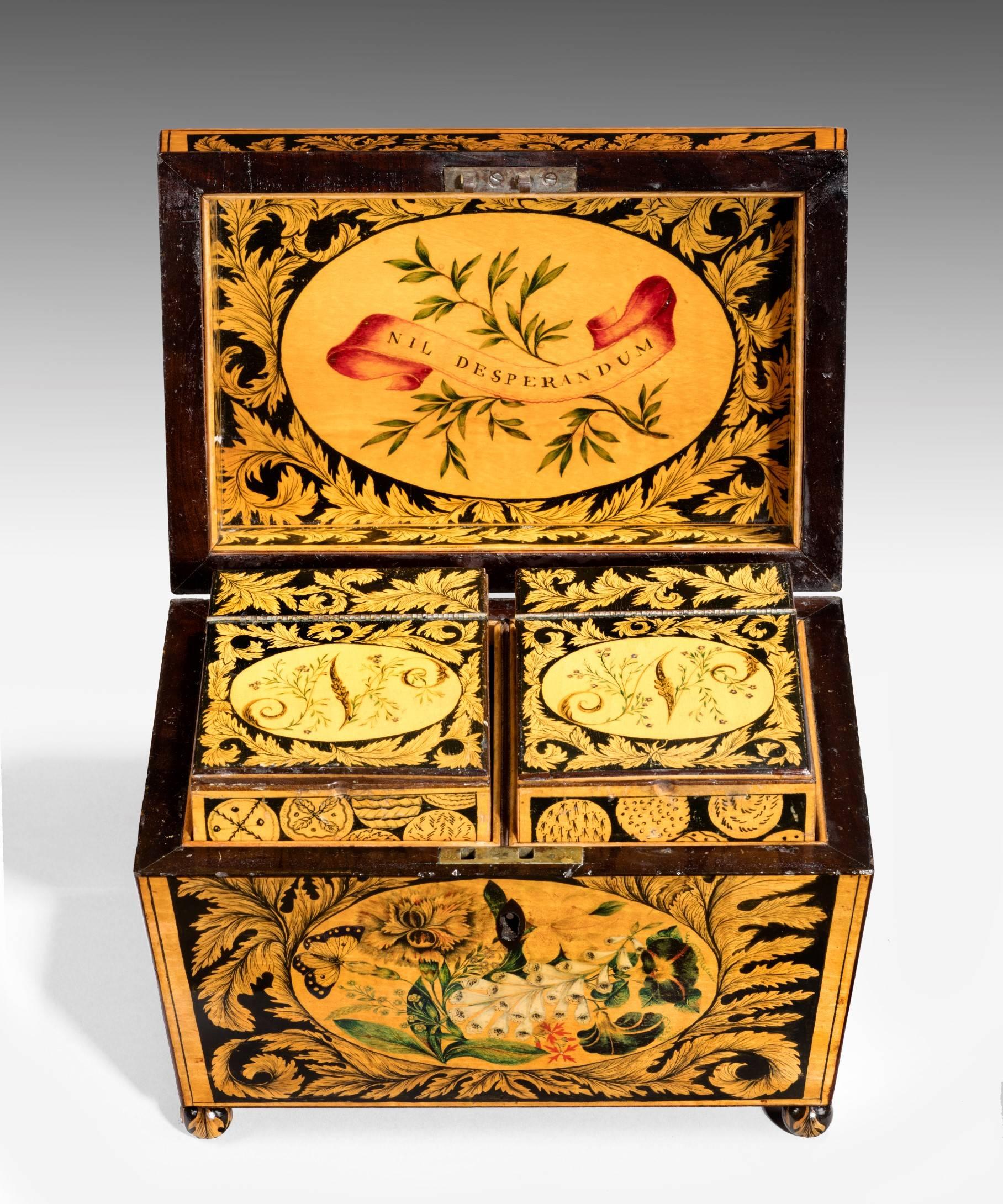 English Regency Tea Caddy Decorated with Penwork