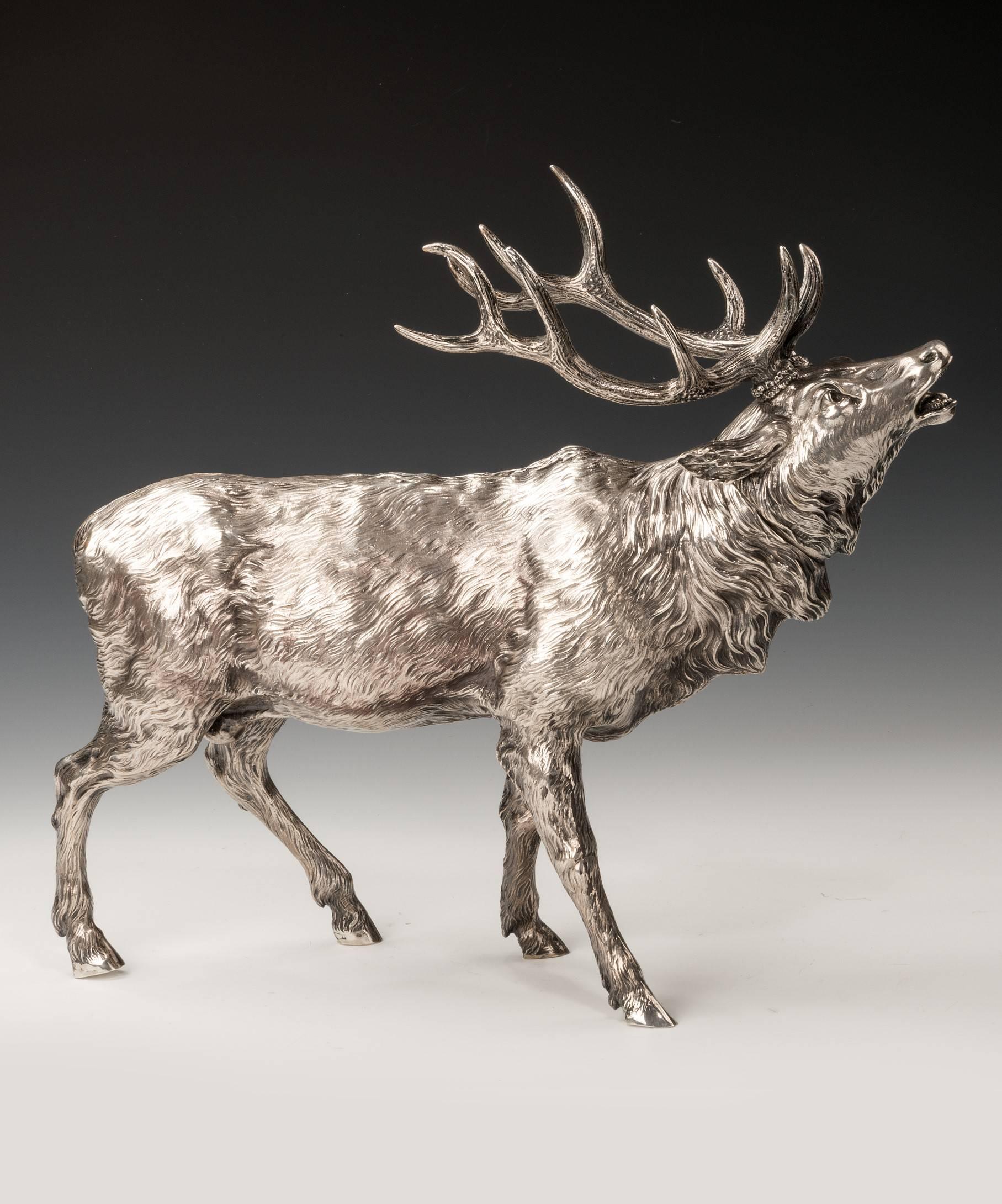 A rare Sterling silver model of a stag of unusually large scale, beautifully modelled and hand chased.
Pseudo Hallmarks for Ludwig Neresheimer and Co., Hanau, Germany.
Import marked for London, 1907.