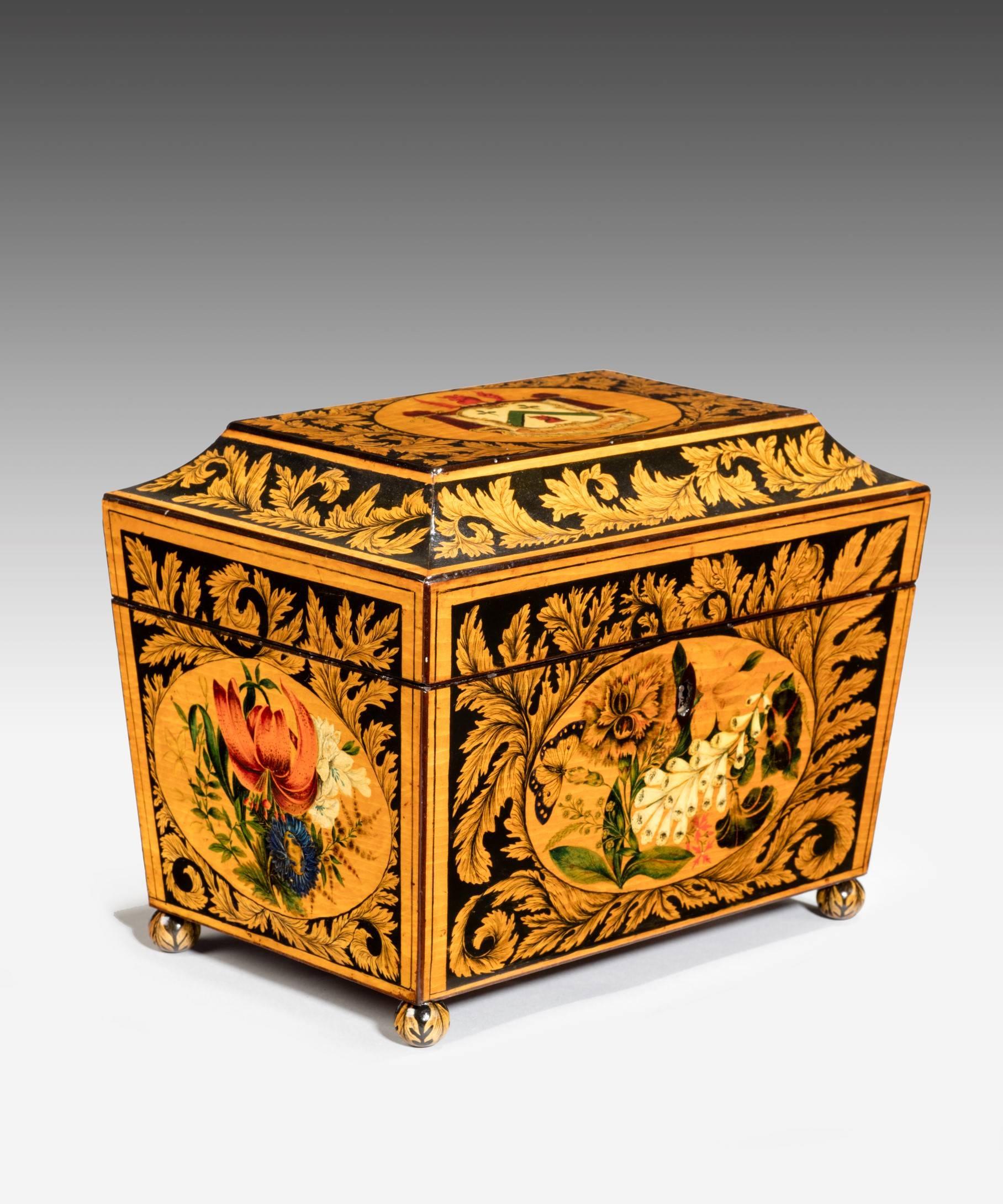 Painted Regency Tea Caddy Decorated with Penwork