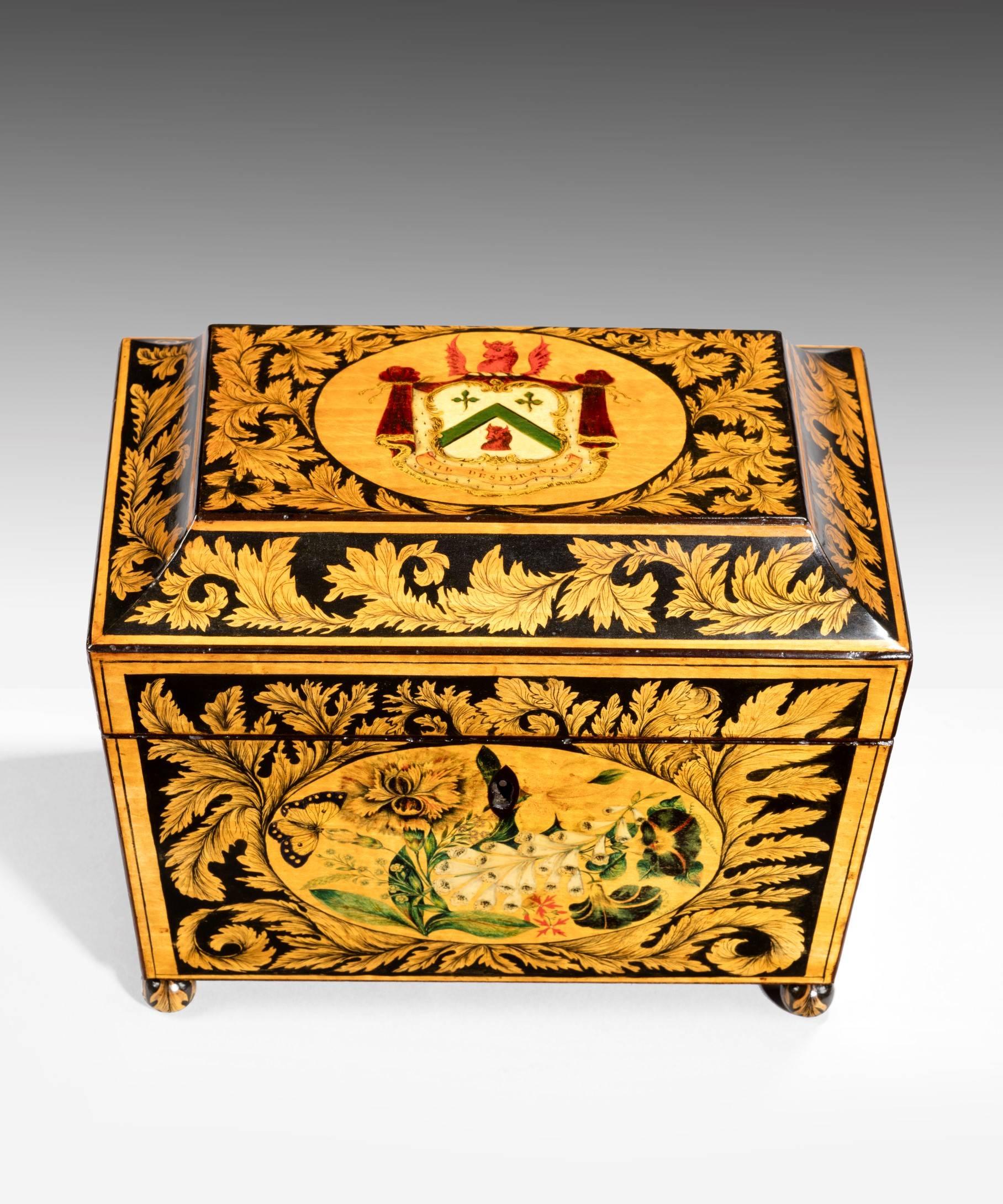 Regency Tea Caddy Decorated with Penwork In Excellent Condition In London, GB
