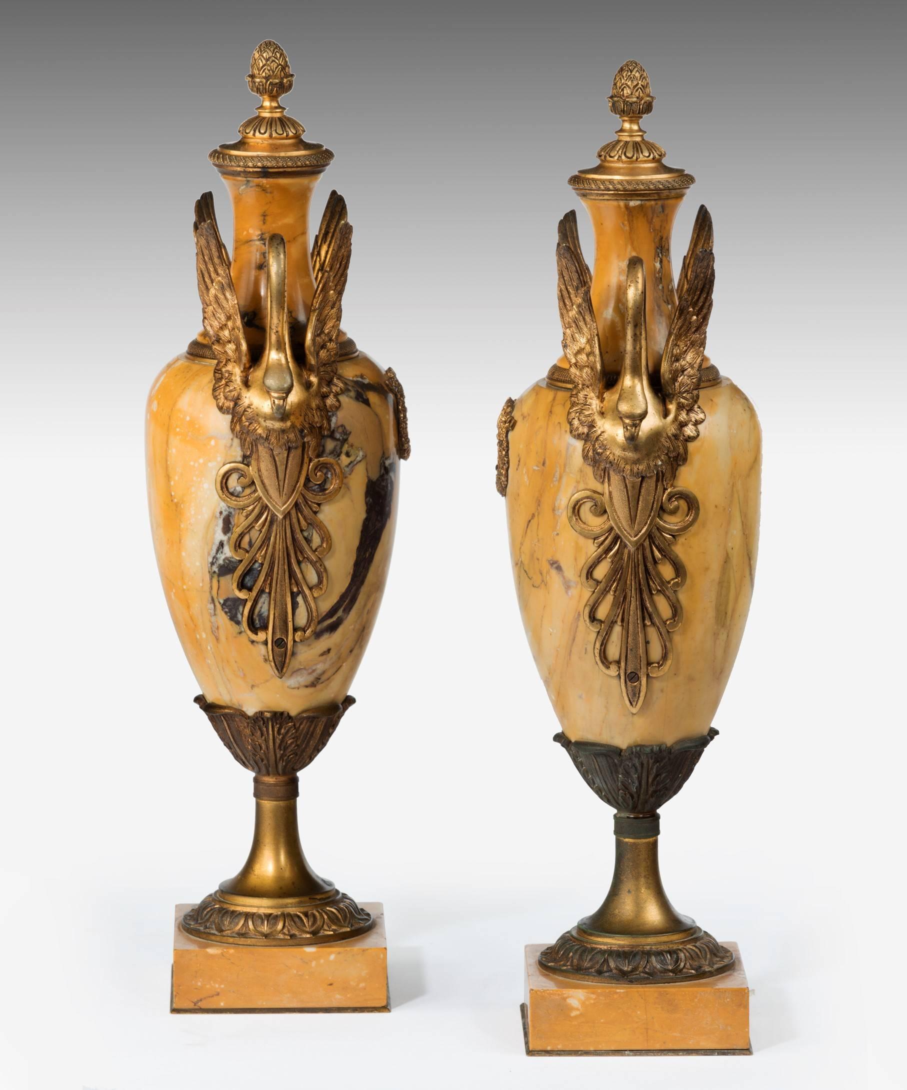 Carved Pair of Marble and Ormolu Vases from the 19th Century For Sale