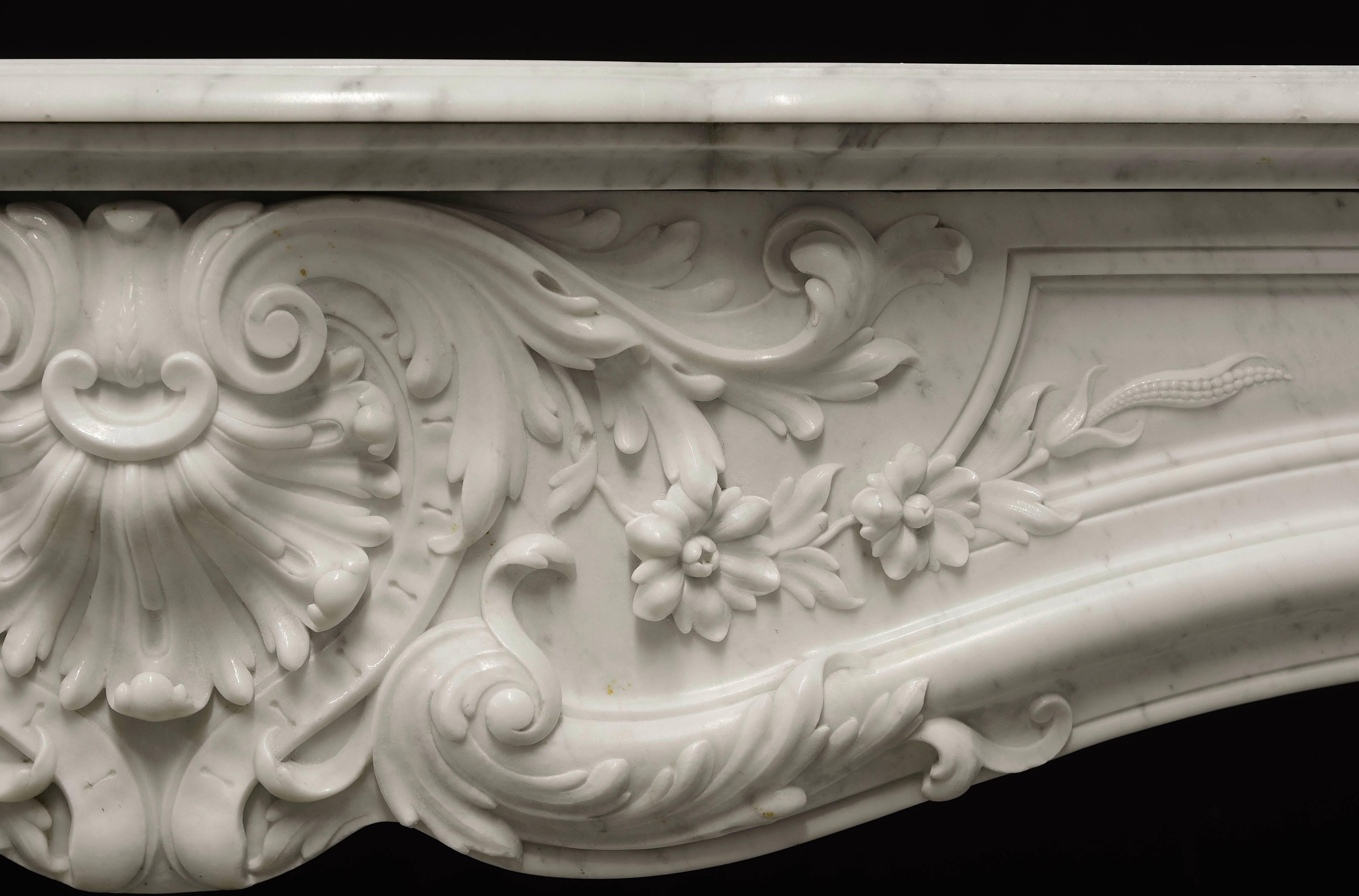 Carrara Marble Beautiful Antique 19th Century French Louis XV Fireplace in Carrara White Marble
