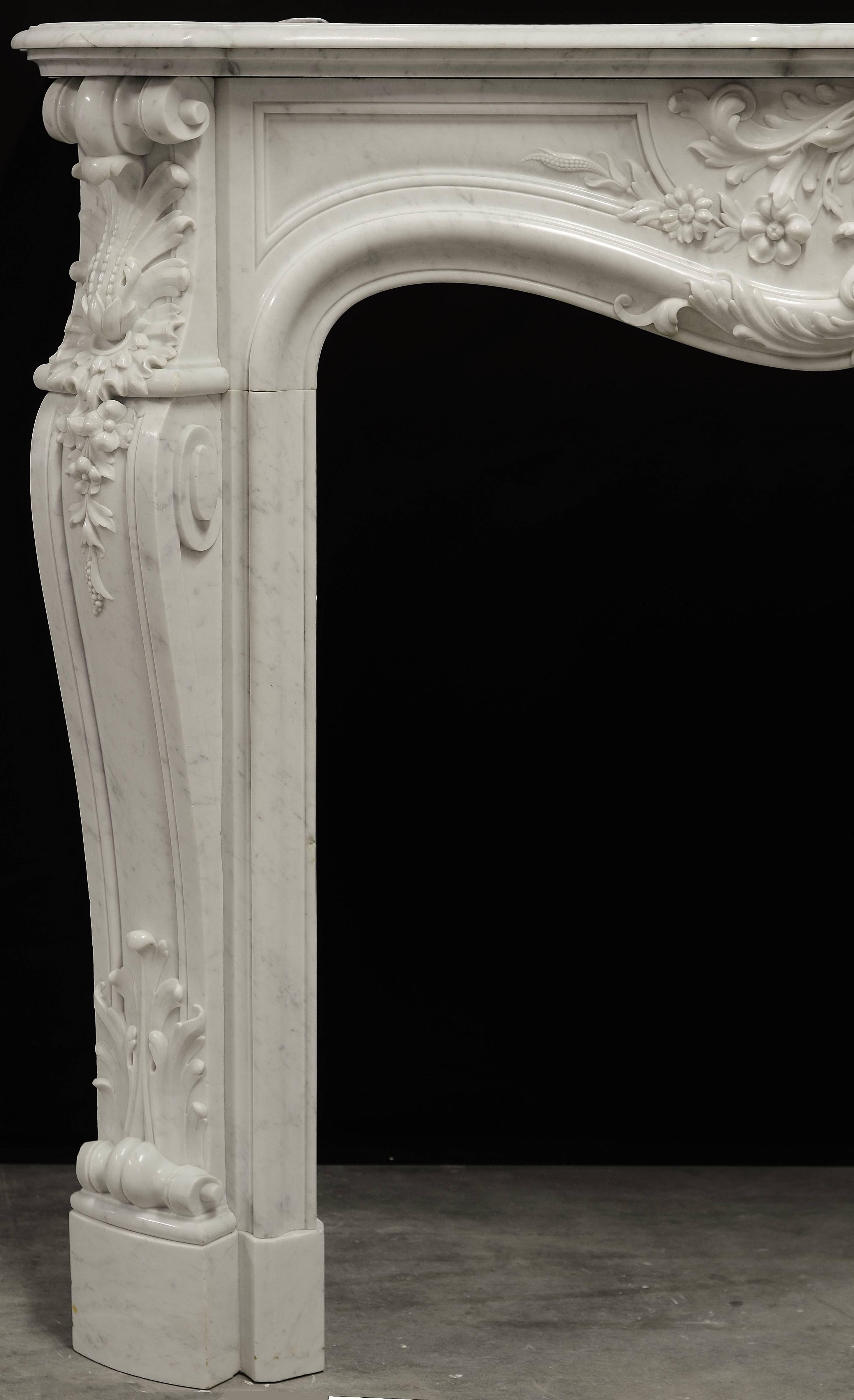 Beautiful Antique 19th Century French Louis XV Fireplace in Carrara White Marble 2
