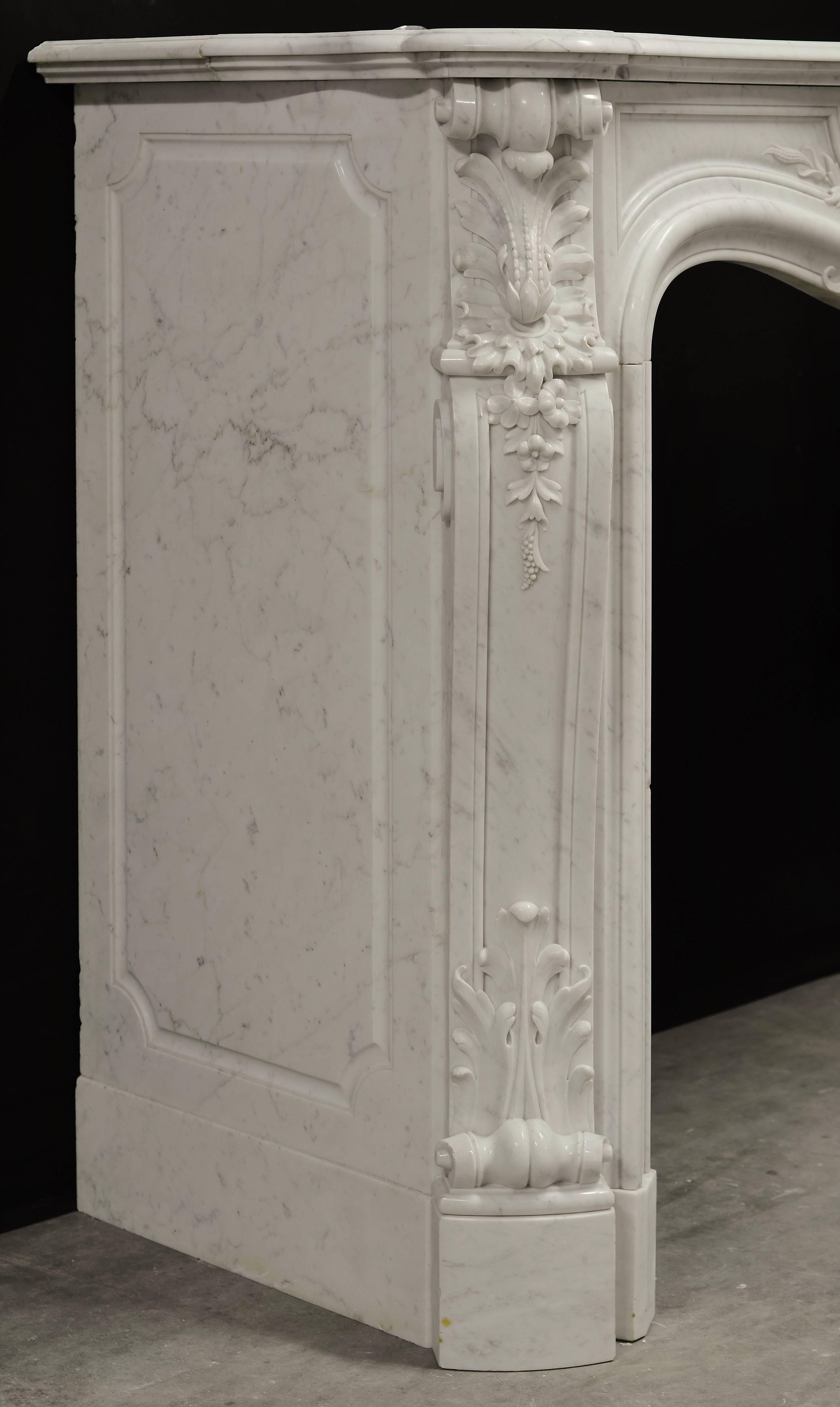 Beautiful Antique 19th Century French Louis XV Fireplace in Carrara White Marble 1