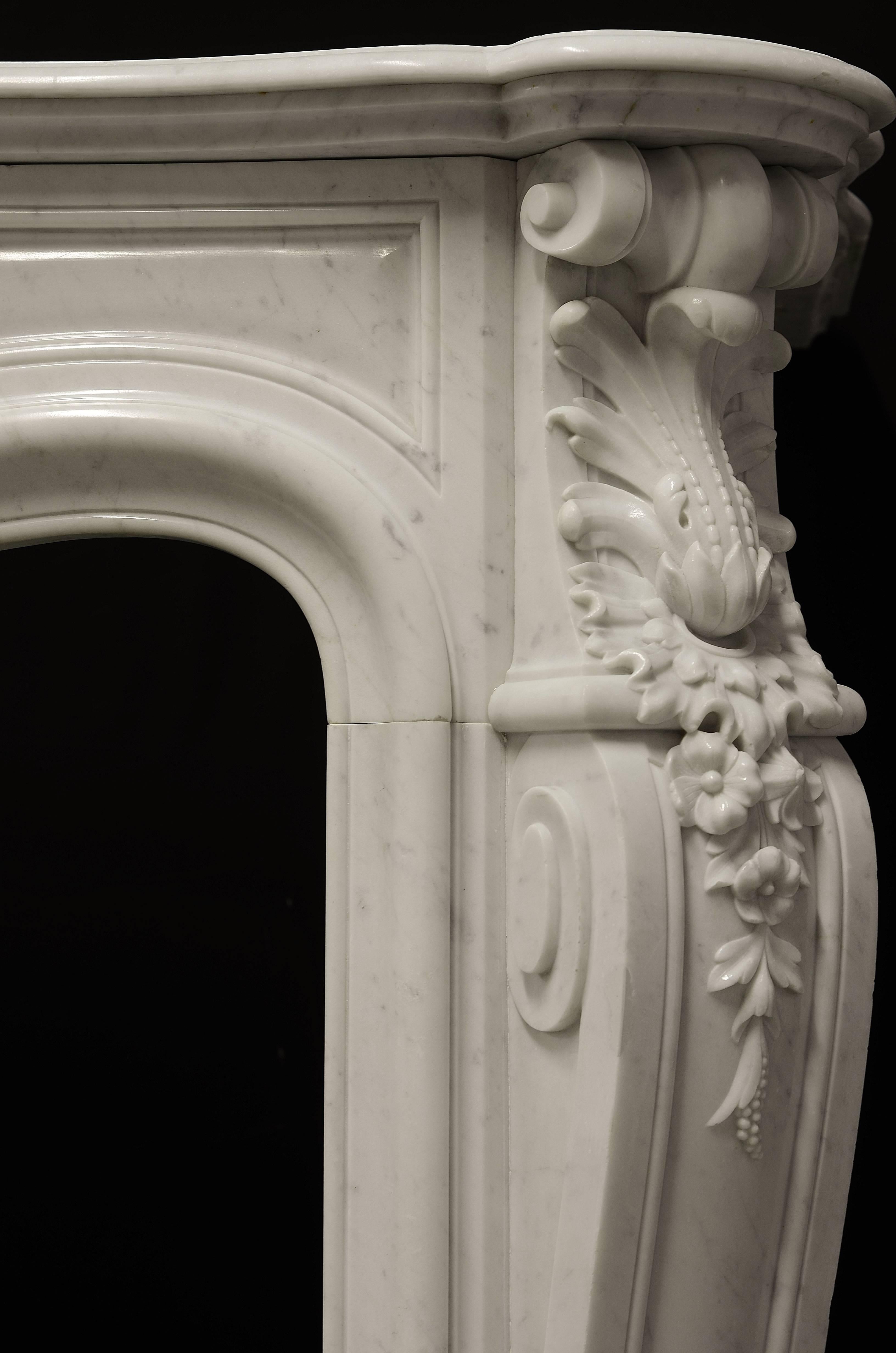 Beautiful Antique 19th Century French Louis XV Fireplace in Carrara White Marble 4