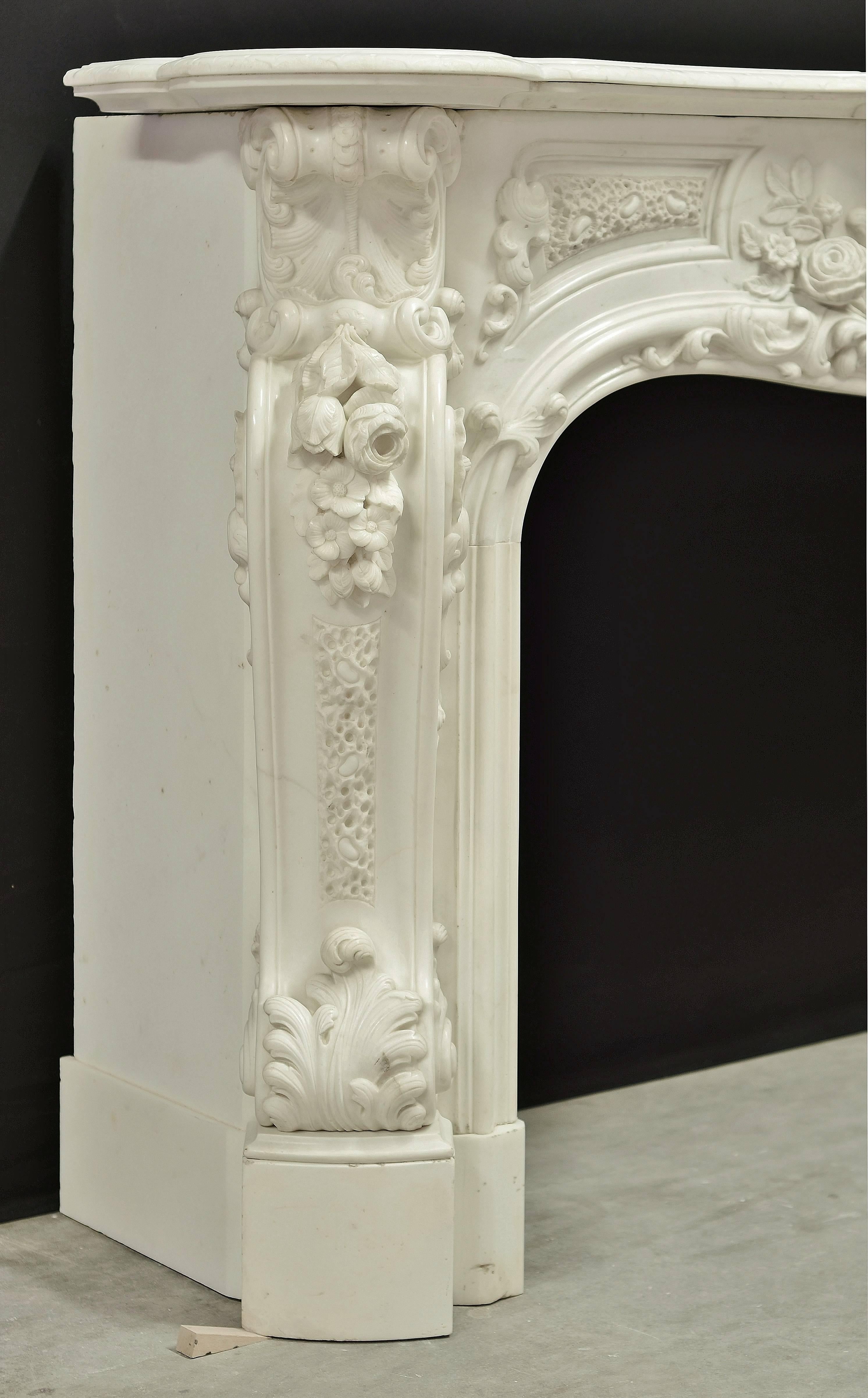 Carved Beautiful, Highly Ornated Floral White Marble Louis XV Fireplace Mantel