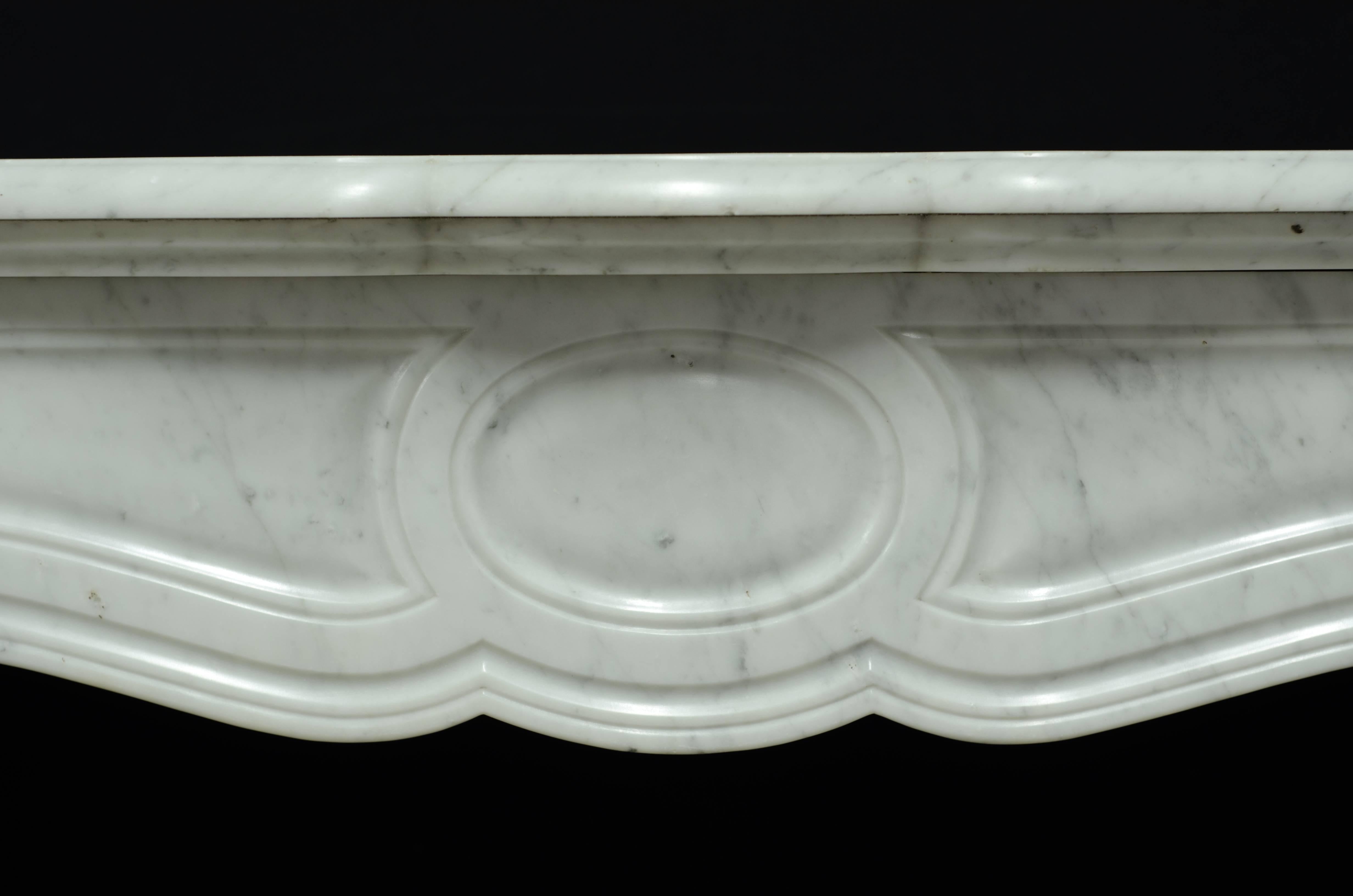 Polished Small French Pompadour Style Louis XV Fireplace in Carrara White Marble