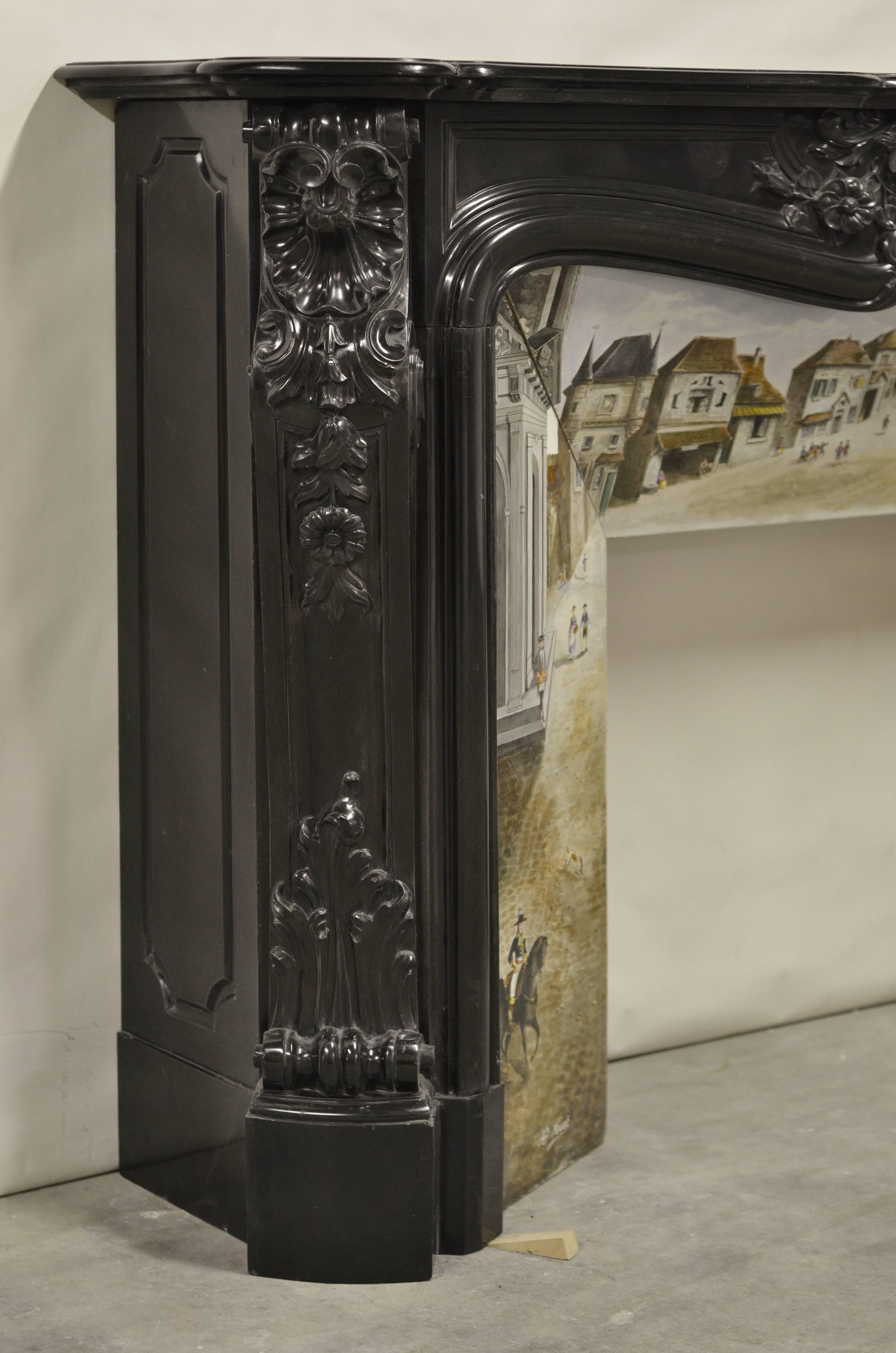Belgian Black Marble Beautiful, Rare Black Marble French Louis XV Fireplace with Original Insert For Sale