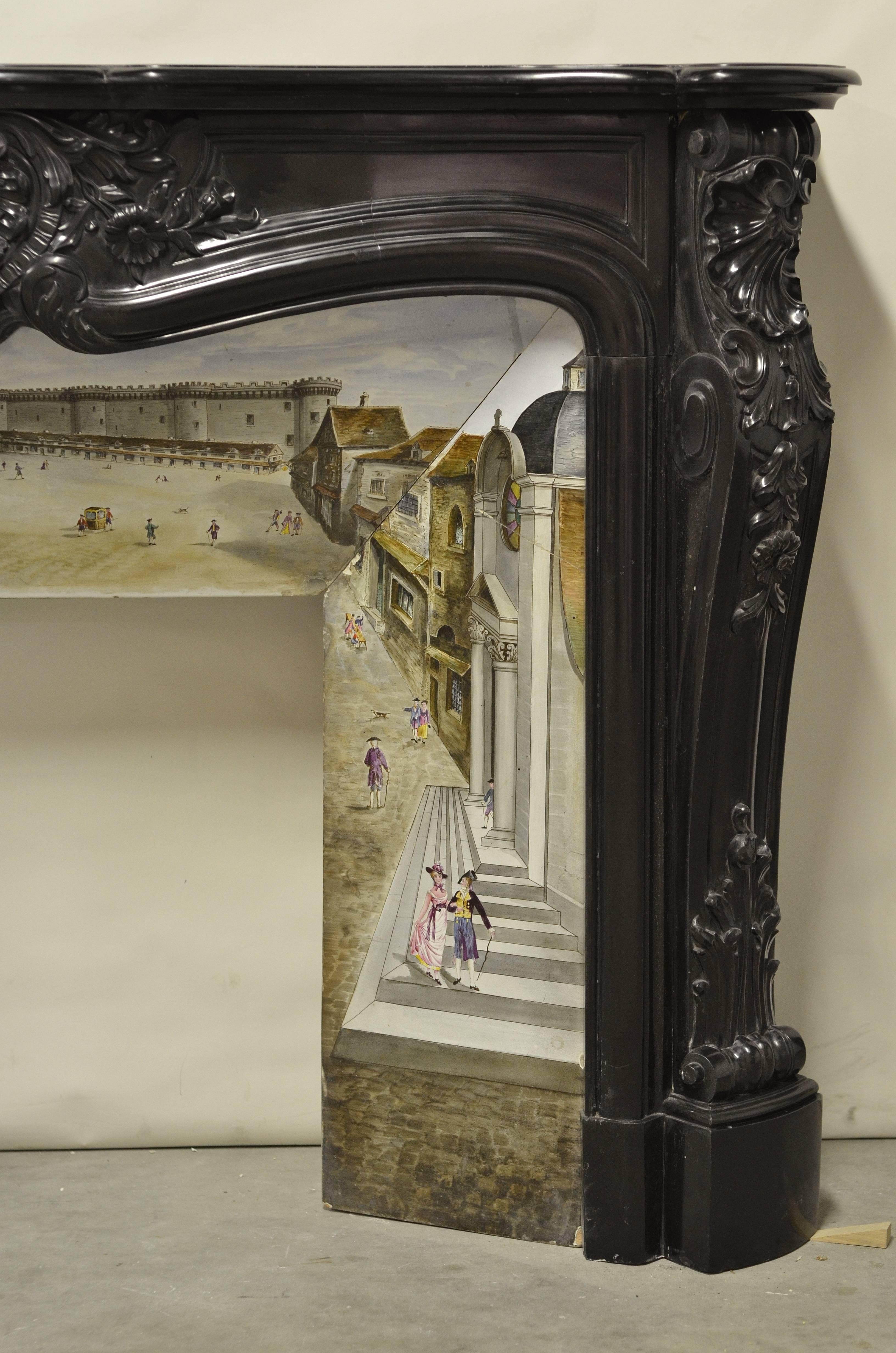 Polished Beautiful, Rare Black Marble French Louis XV Fireplace with Original Insert For Sale