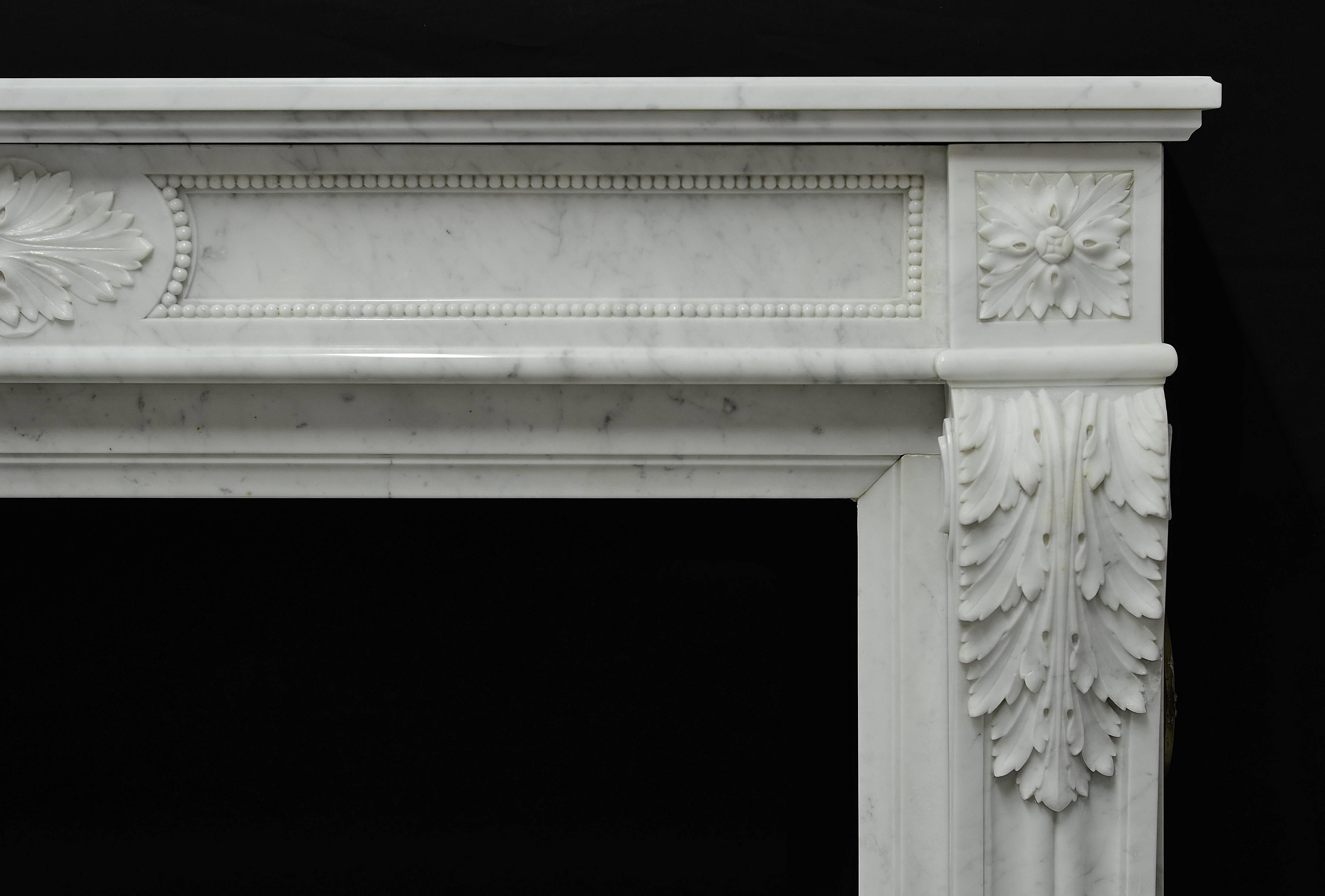 Hand-Carved Stylish French Louis XVI Fireplace in Carrara White Marble