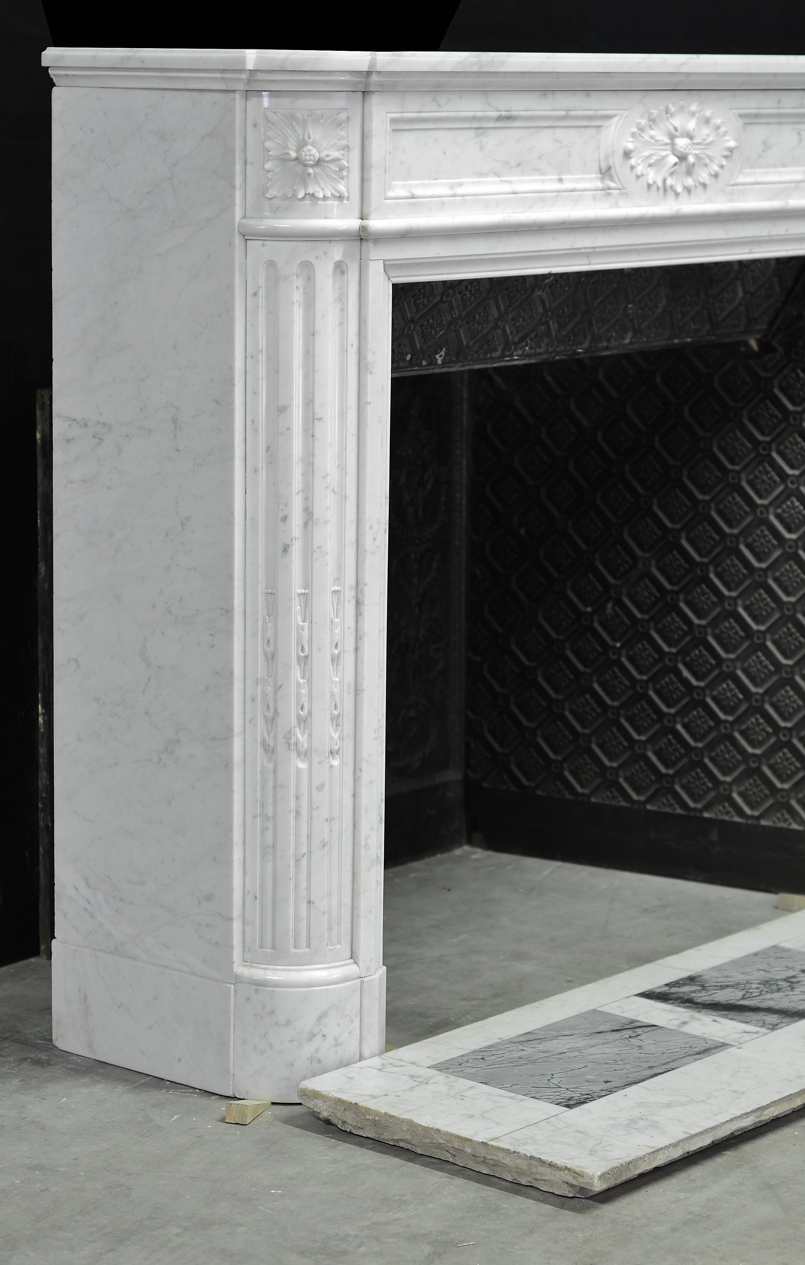 Antique Fireplace in Carara Marble, Louis XVI Style, 19th Century, Paris, France 1