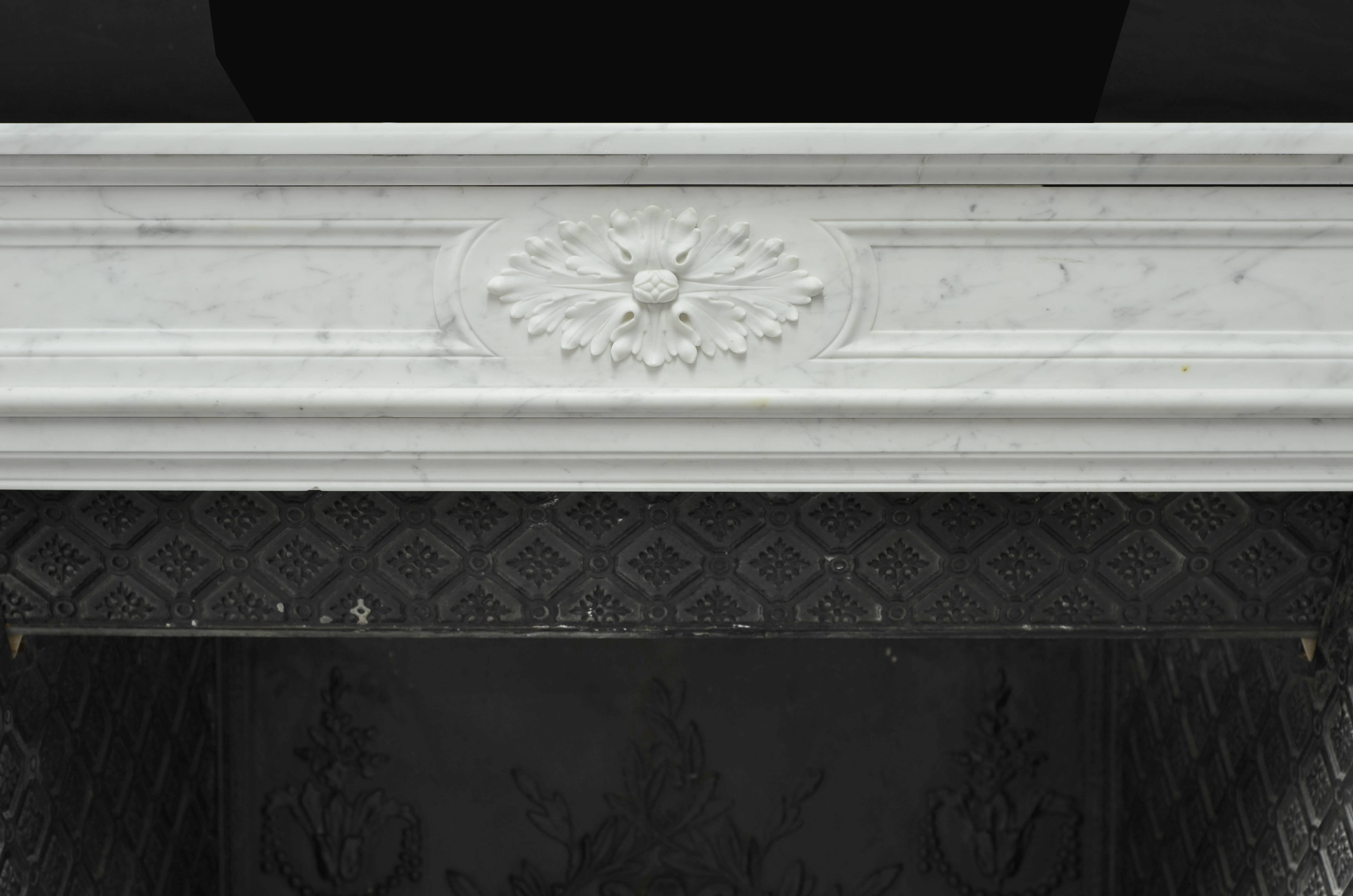 French Antique Fireplace in Carara Marble, Louis XVI Style, 19th Century, Paris, France