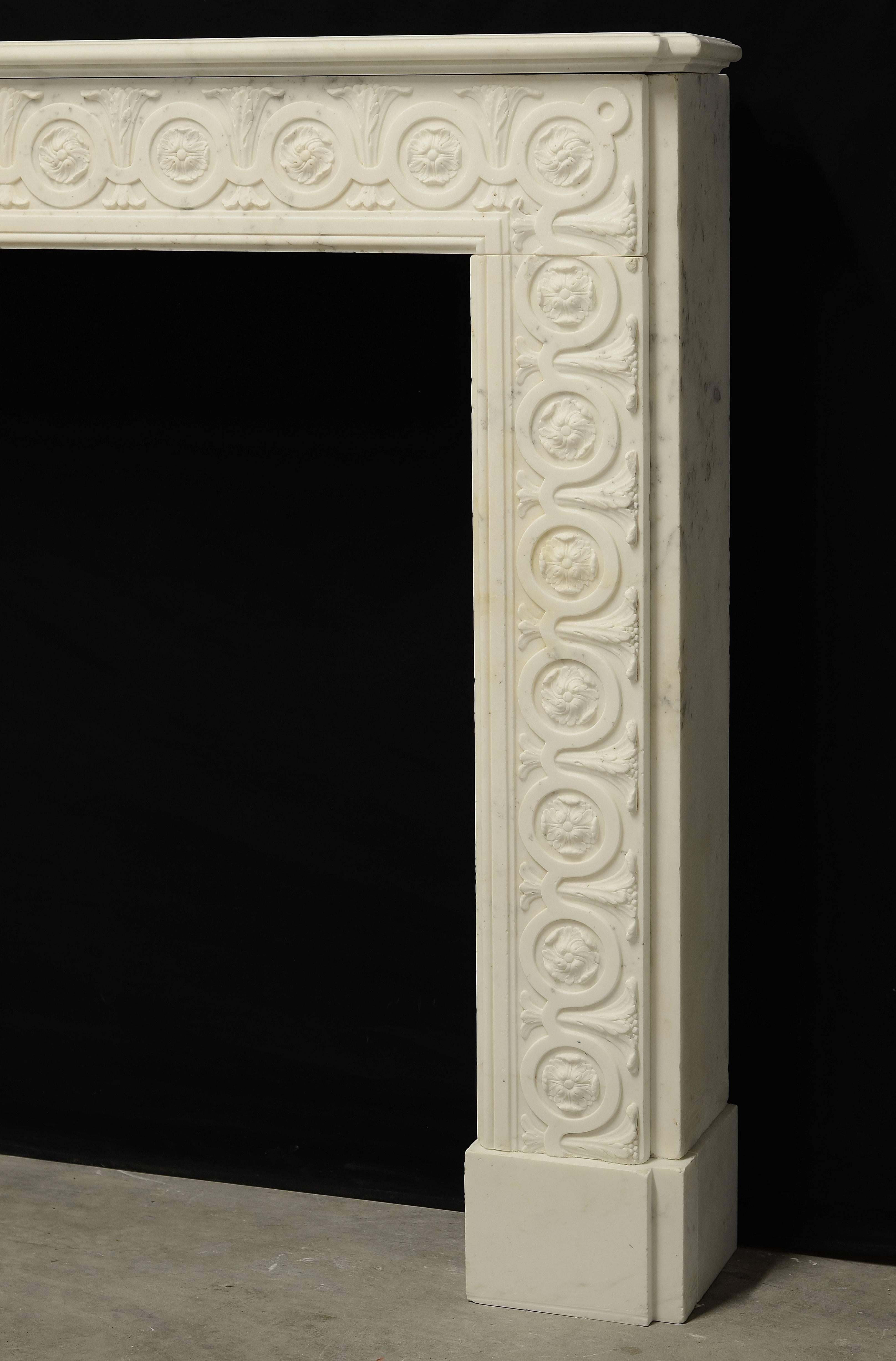 19th Century Amazing, White Marble Fireplace with Floral Guilloche Pattern Throughout