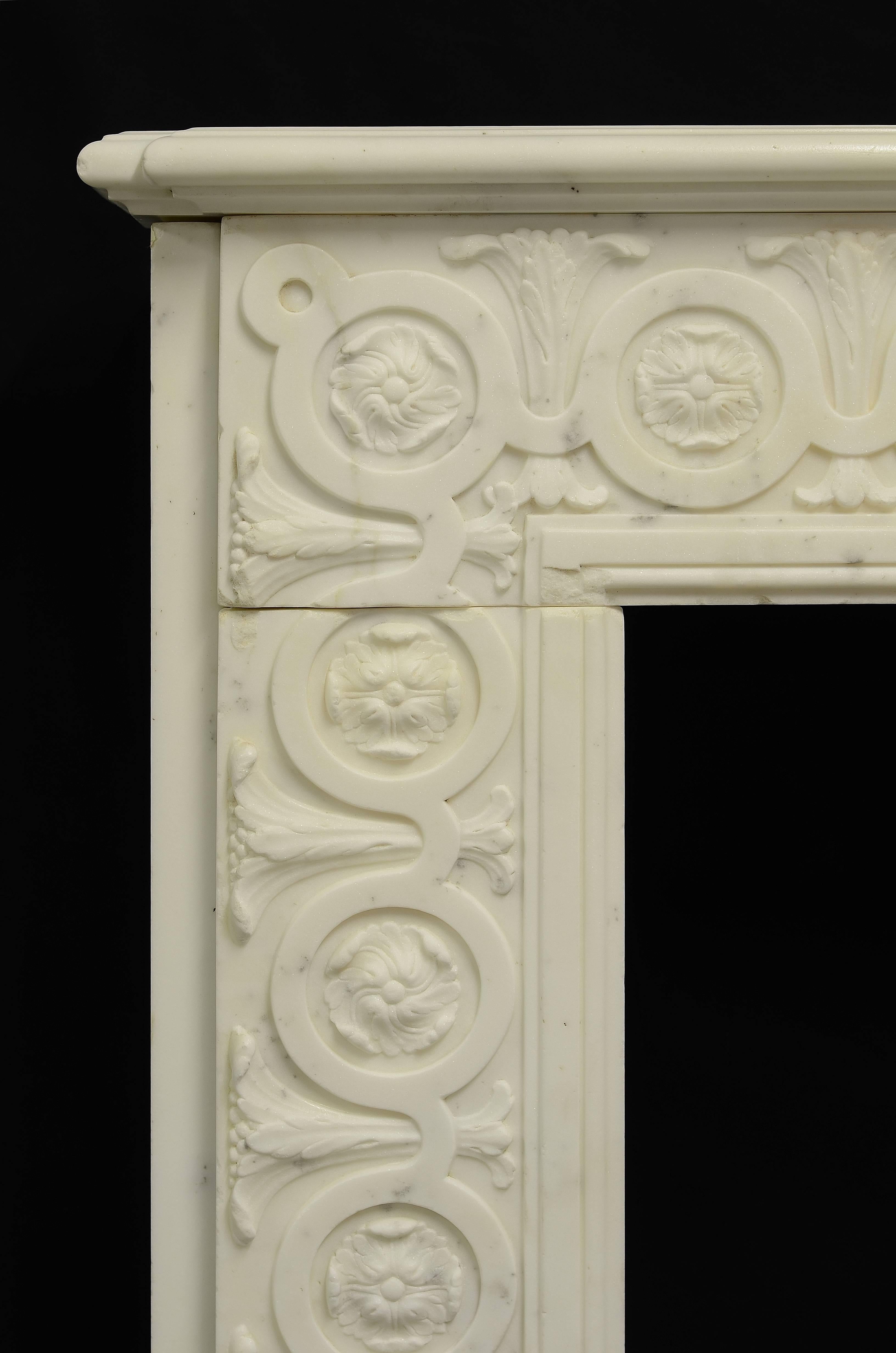 European Amazing, White Marble Fireplace with Floral Guilloche Pattern Throughout