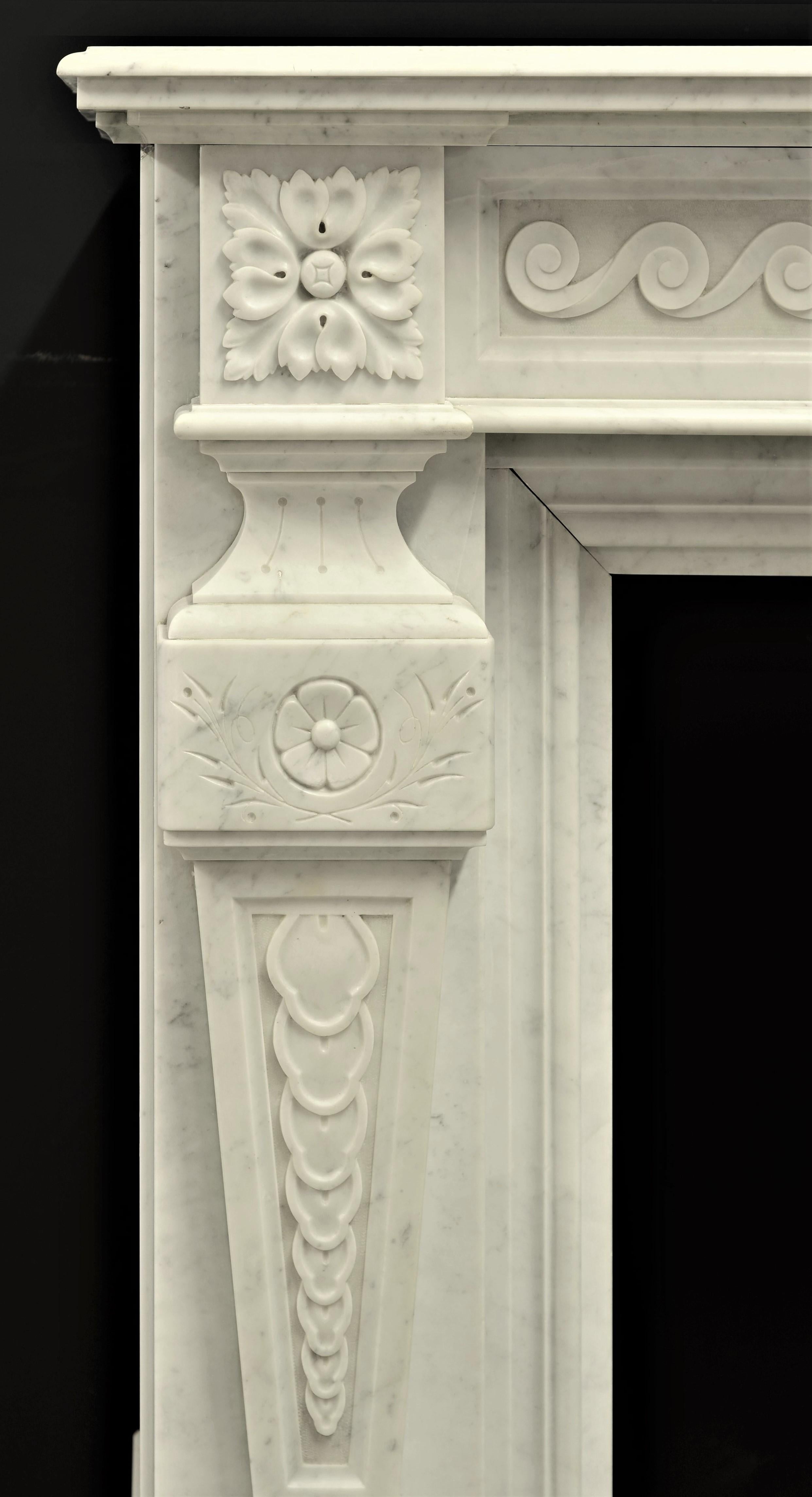 Decorative White Marble Louis XVI Fireplace Mantel In Excellent Condition In Haarlem, Noord-Holland