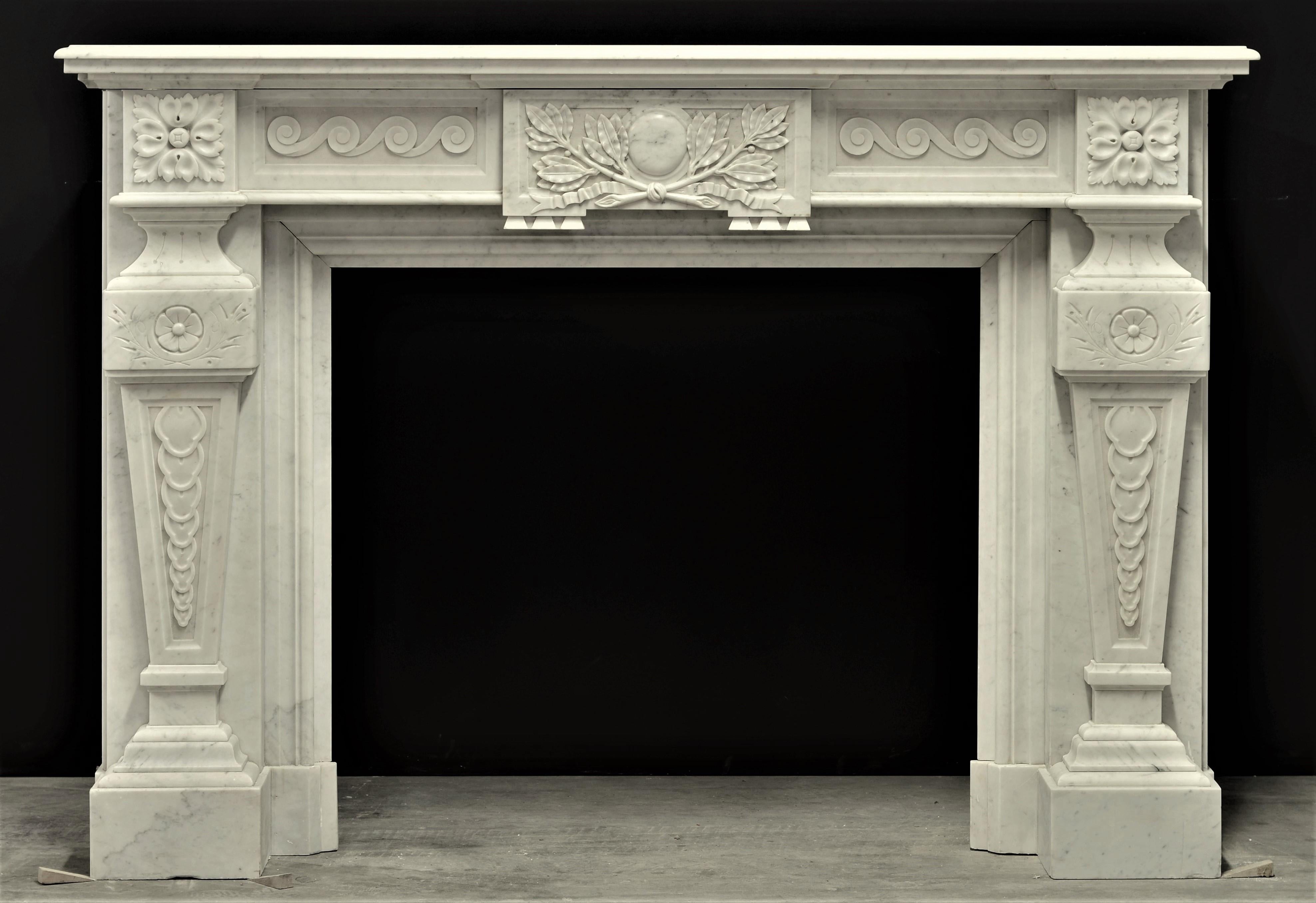 A large and very well decorated 19th century Belgian Louis XVI in white marble.
Very deep and original side panels

Opening measurements: 34.3 x 37.4 inch (height x width).