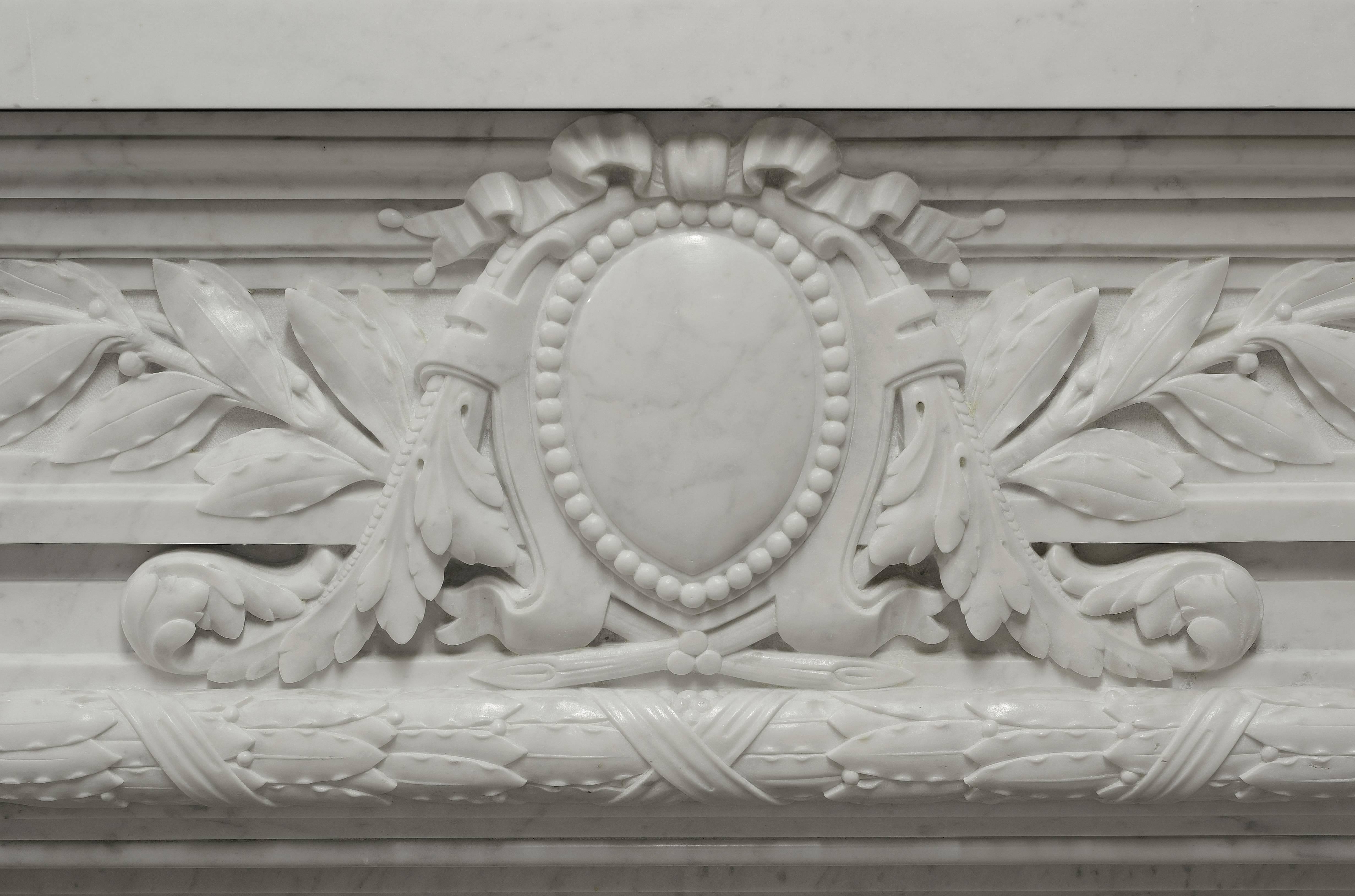 Carved - Monumental - Antique French Louis XVI Fireplace Mantel in Carrara White Marble For Sale
