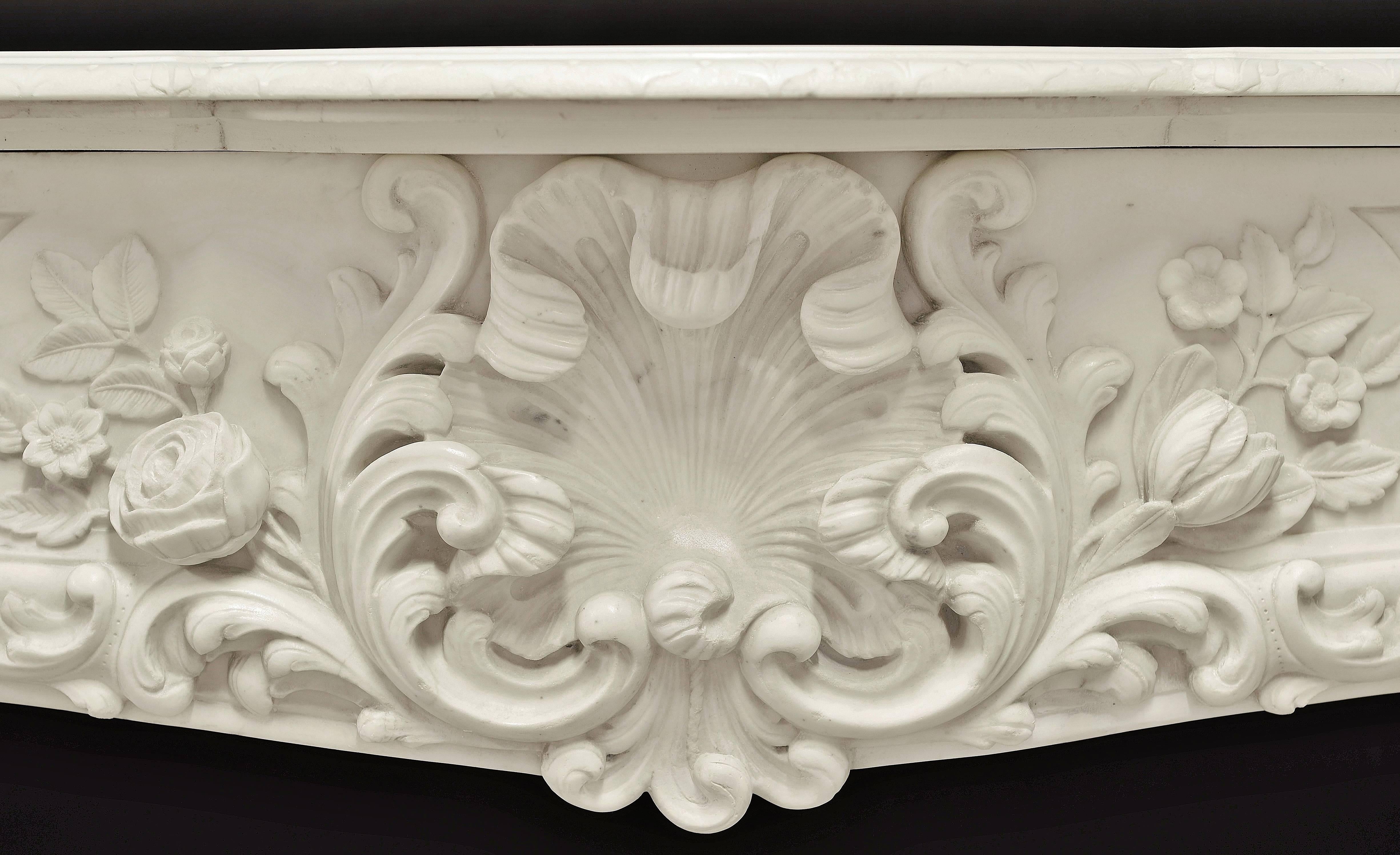 Dutch Beautiful, Highly Ornated Floral White Marble Louis XV Fireplace Mantel