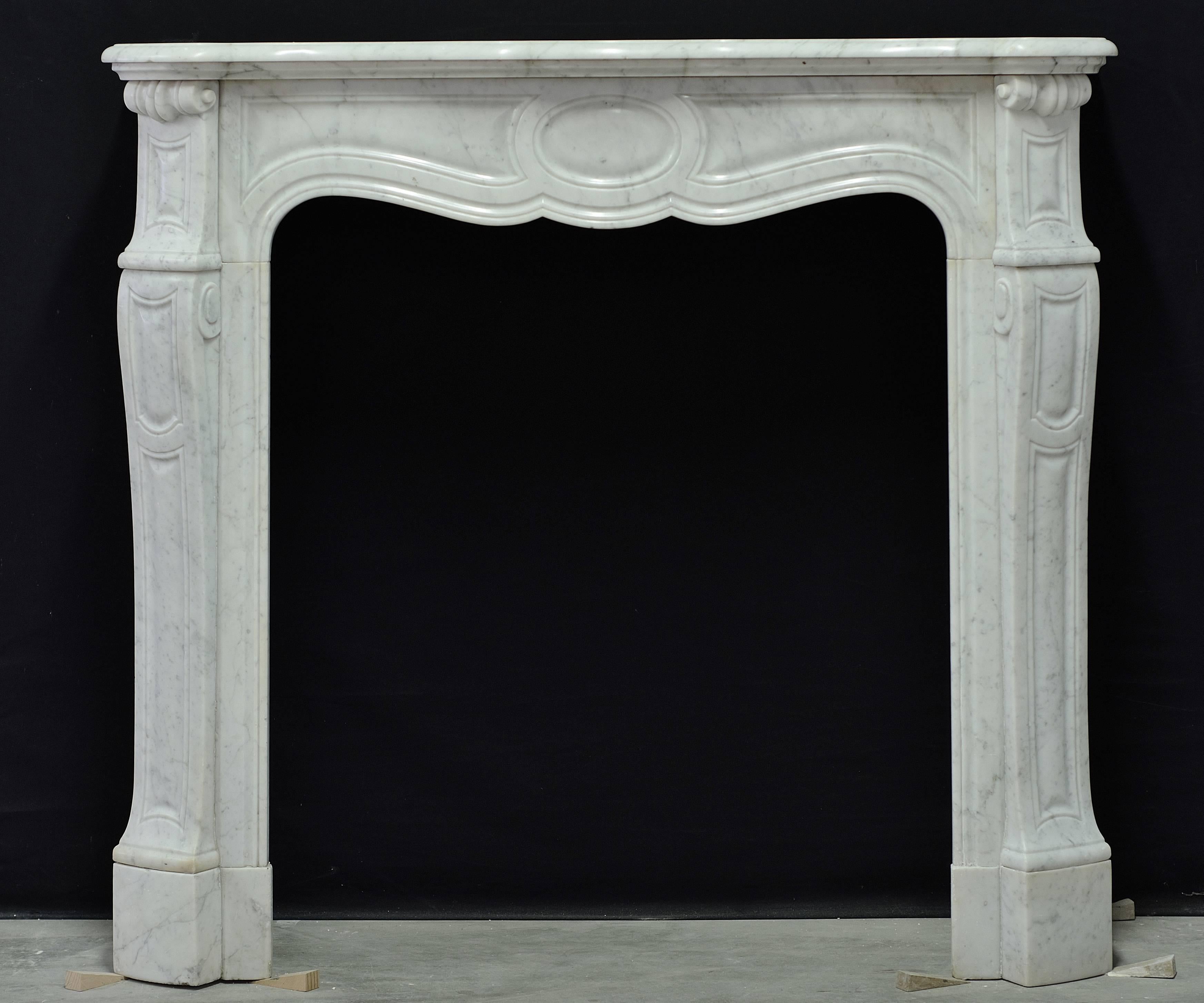Very nice and decorative white marble pompadour style fireplace,
19th century, France.

Opening measurements:
Height: 33.66 inch. or 85.5 cm. 
Width: 29.5 inch. or 75 cm.
